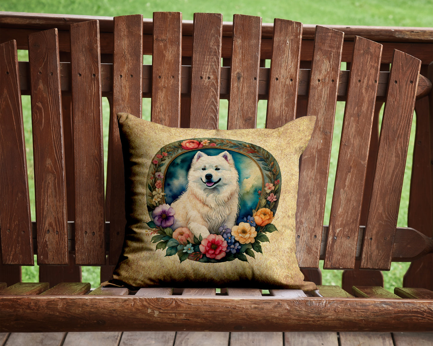 Samoyed and Flowers Throw Pillow