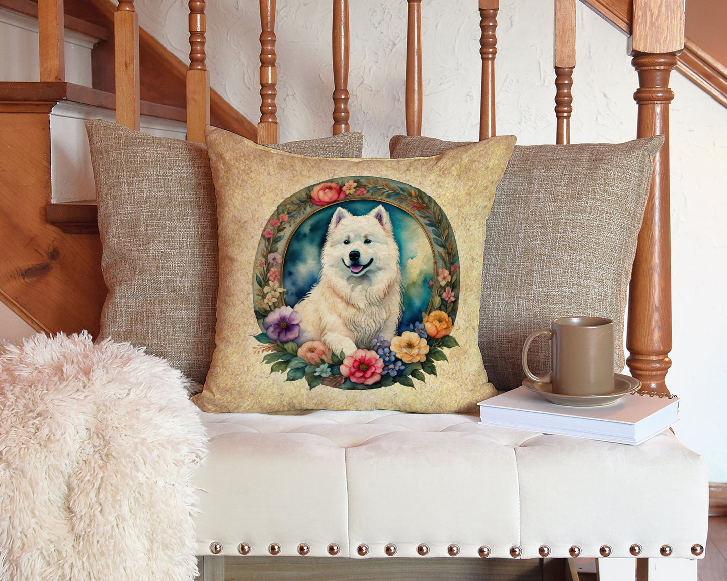 Samoyed and Flowers Throw Pillow