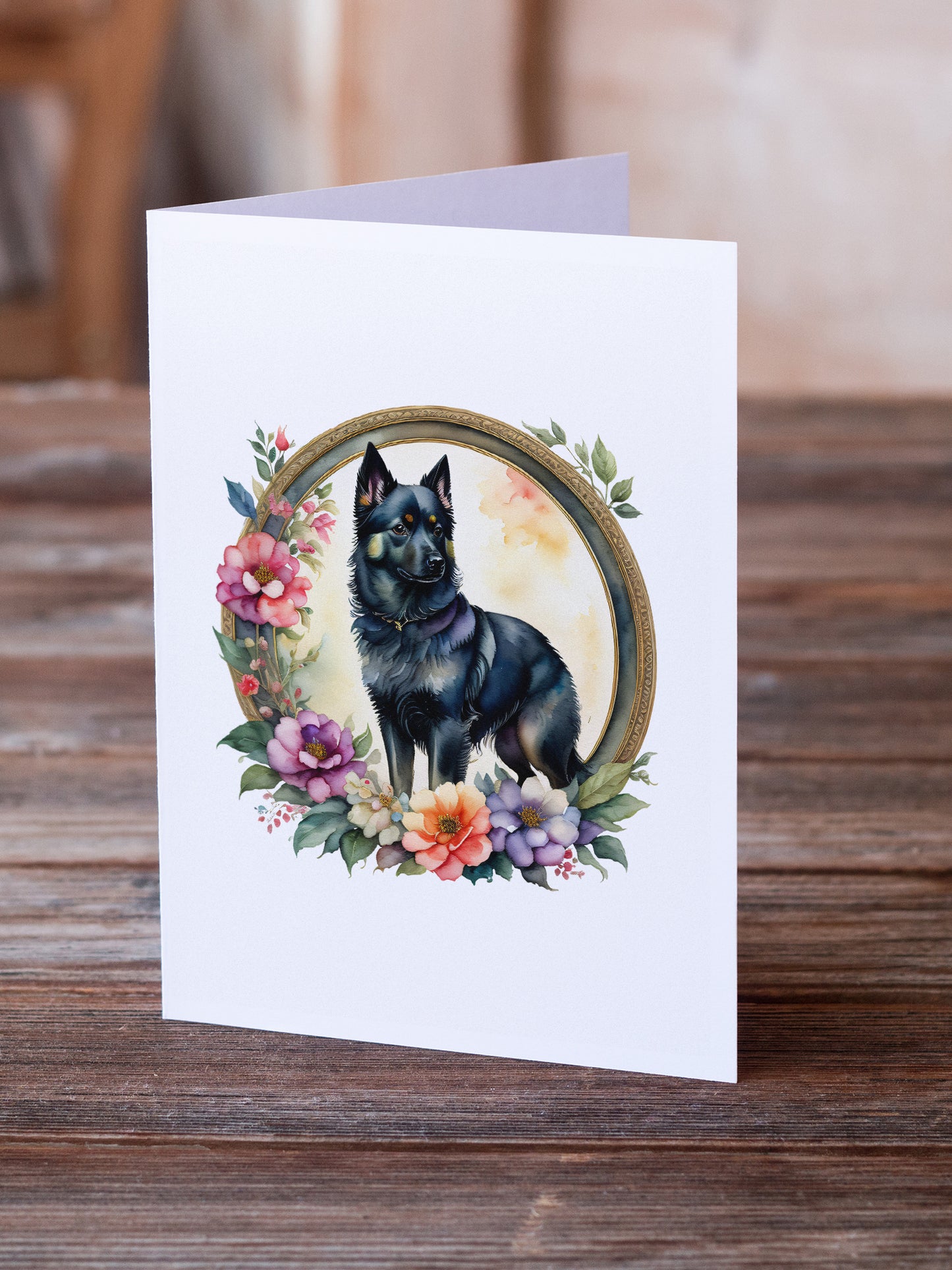 Schipperke and Flowers Greeting Cards Pack of 8