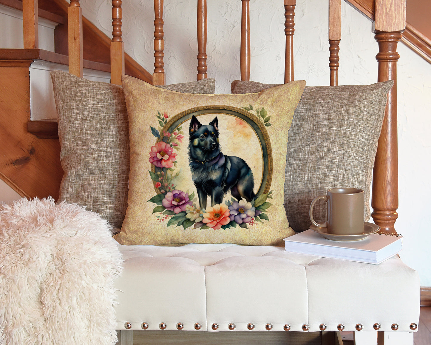 Schipperke and Flowers Throw Pillow