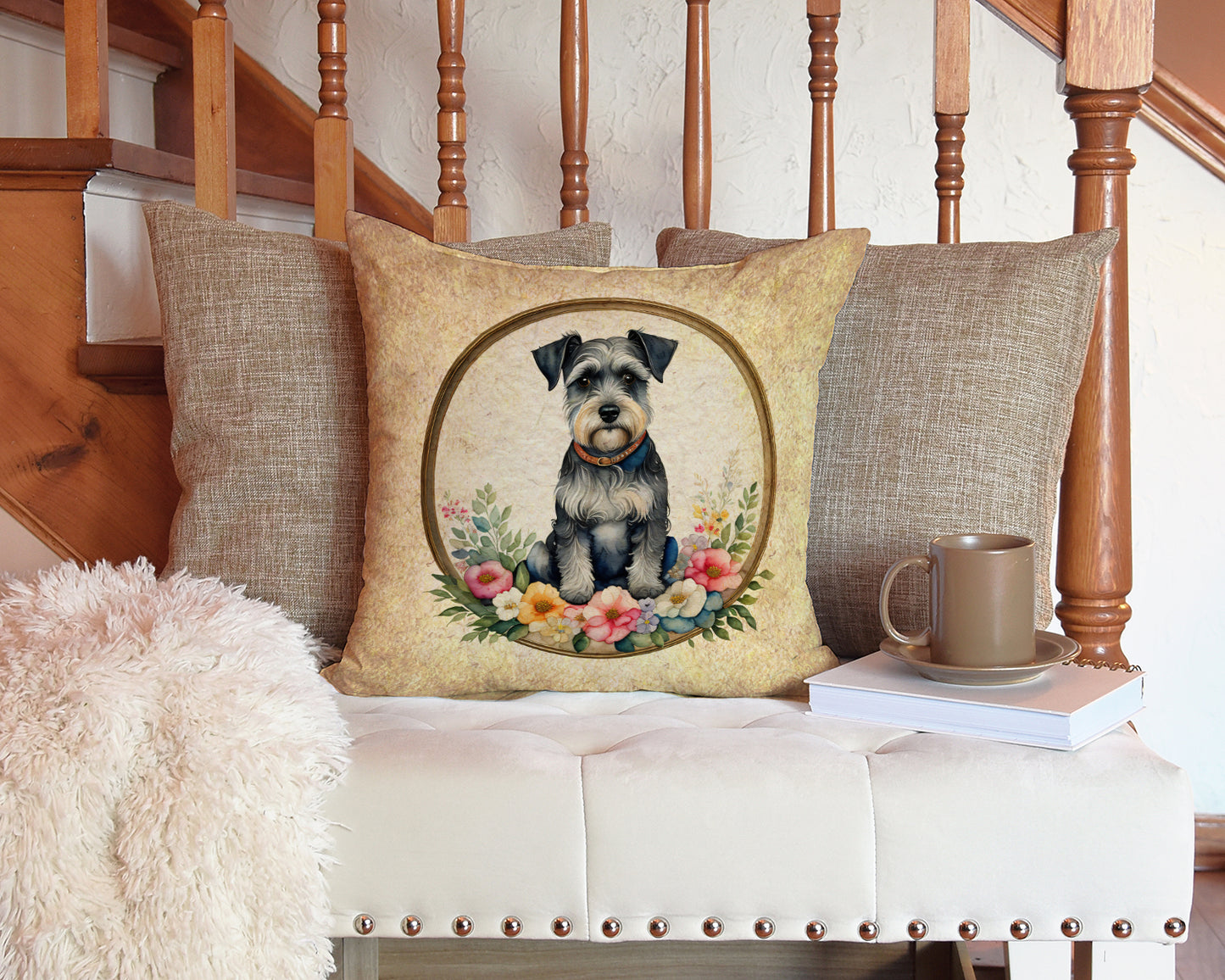 Schnauzer and Flowers Throw Pillow