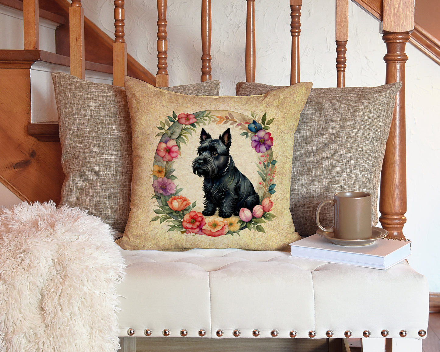 Scottish Terrier and Flowers Throw Pillow