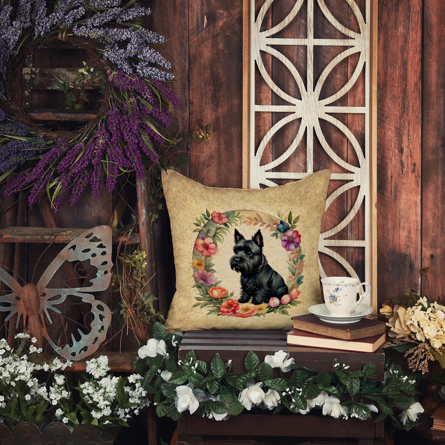 Scottish Terrier and Flowers Throw Pillow