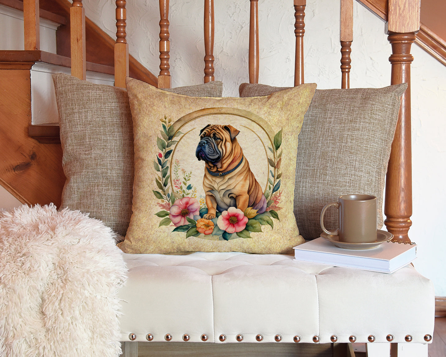 Shar Pei and Flowers Throw Pillow