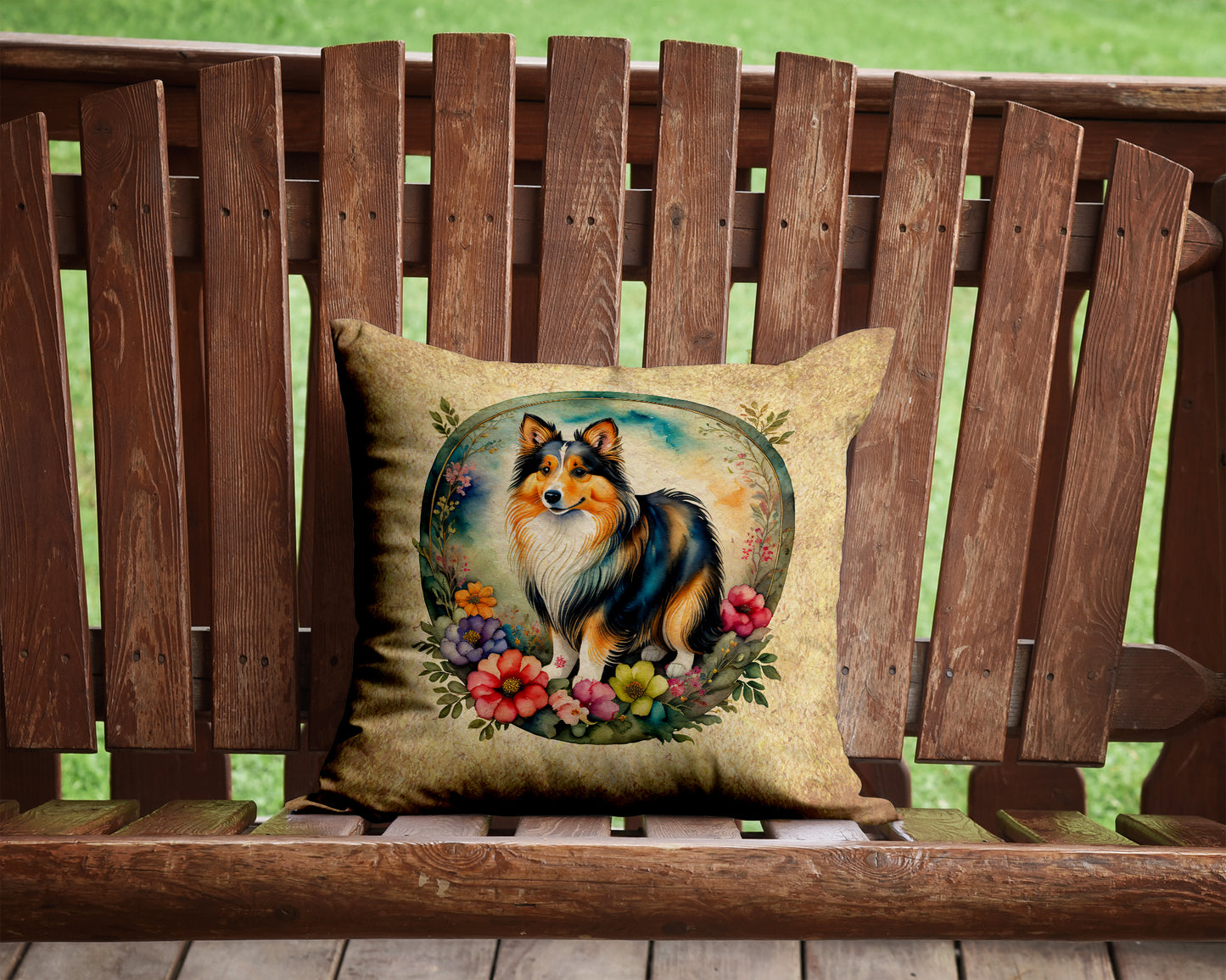 Sheltie and Flowers Throw Pillow