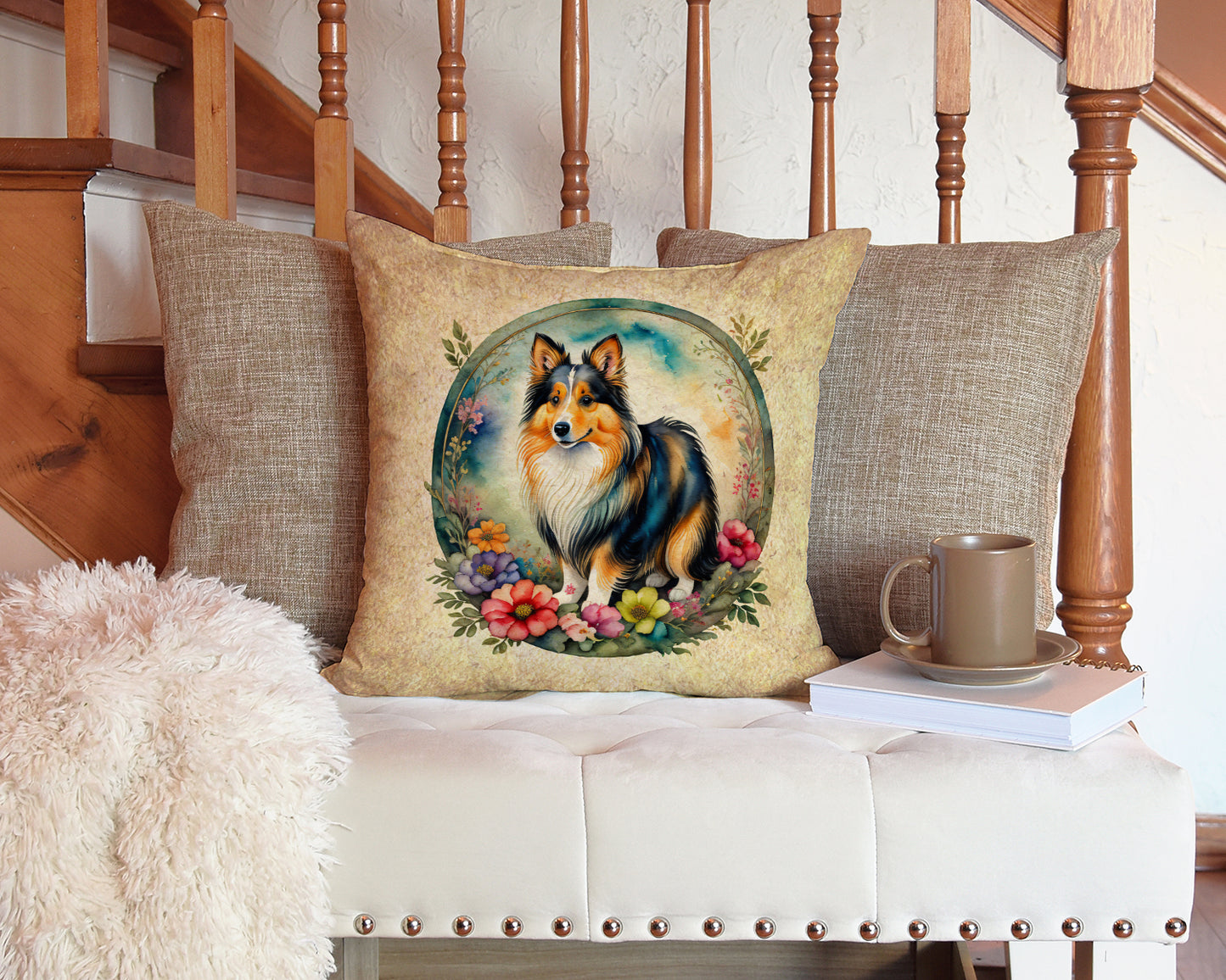 Sheltie and Flowers Throw Pillow