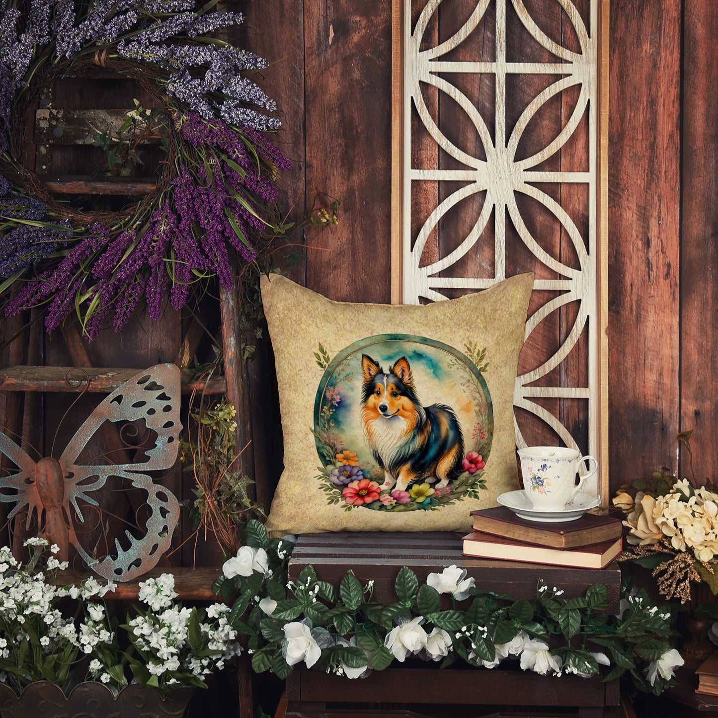 Sheltie and Flowers Throw Pillow