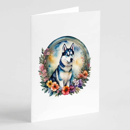 Buy this Siberian Husky and Flowers Greeting Cards Pack of 8