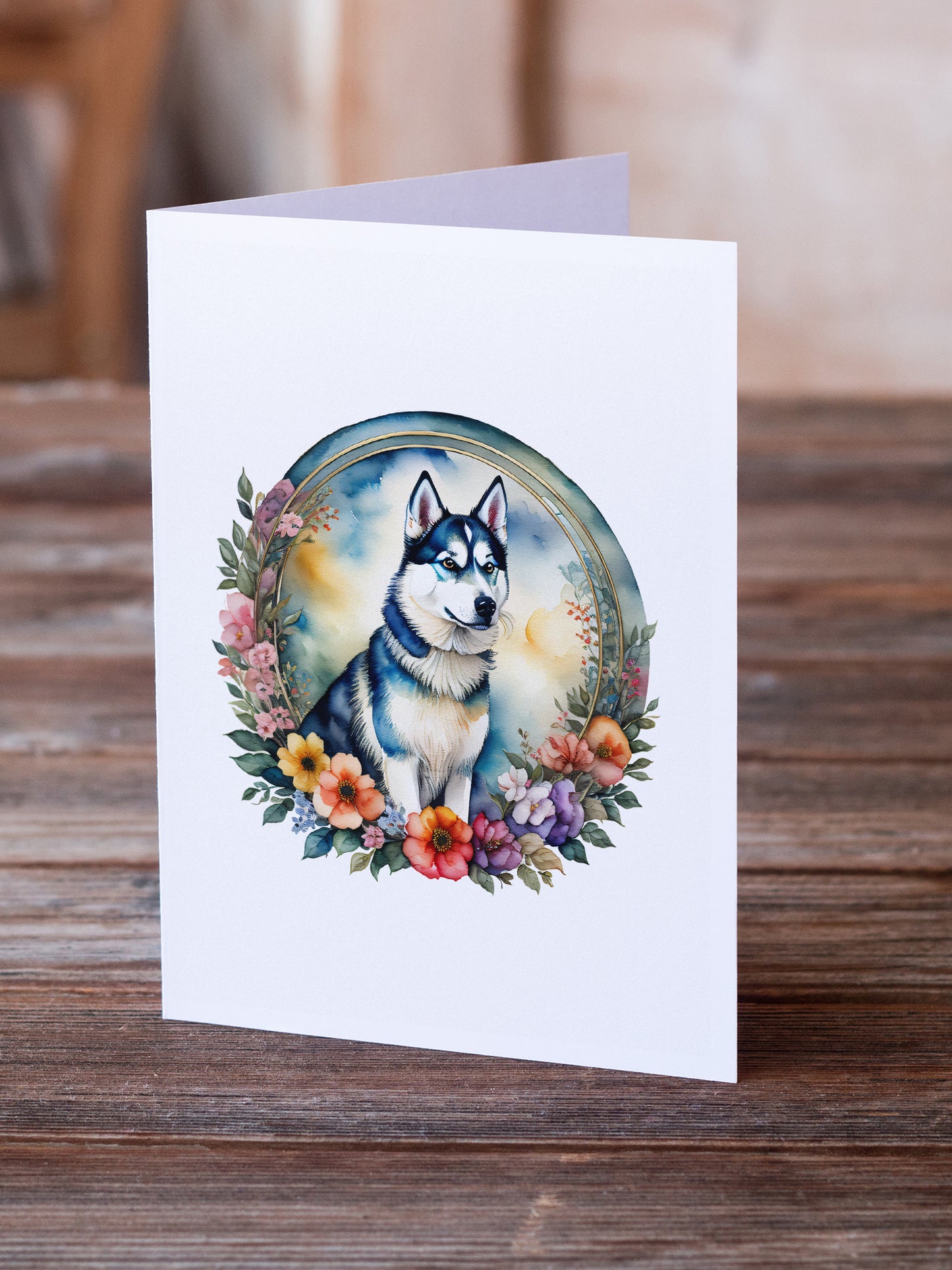 Siberian Husky and Flowers Greeting Cards Pack of 8