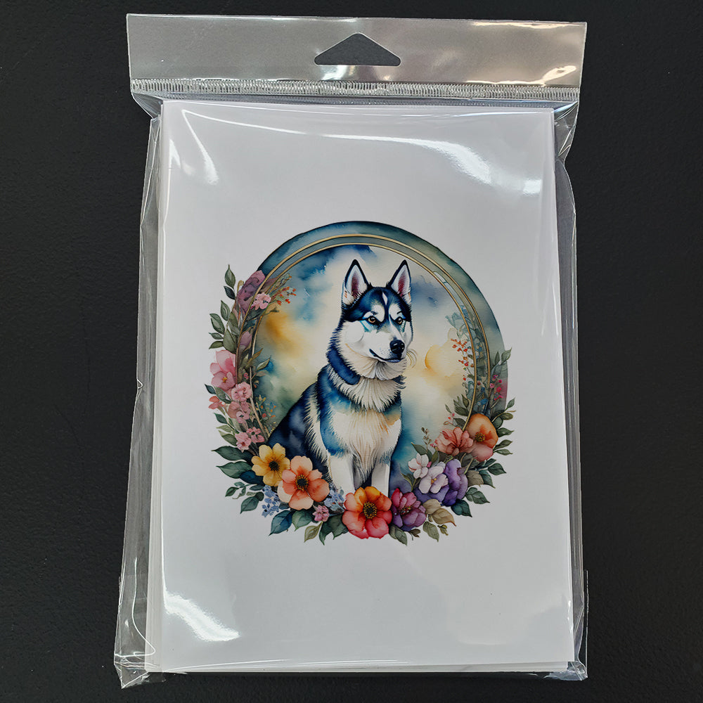 Siberian Husky and Flowers Greeting Cards Pack of 8