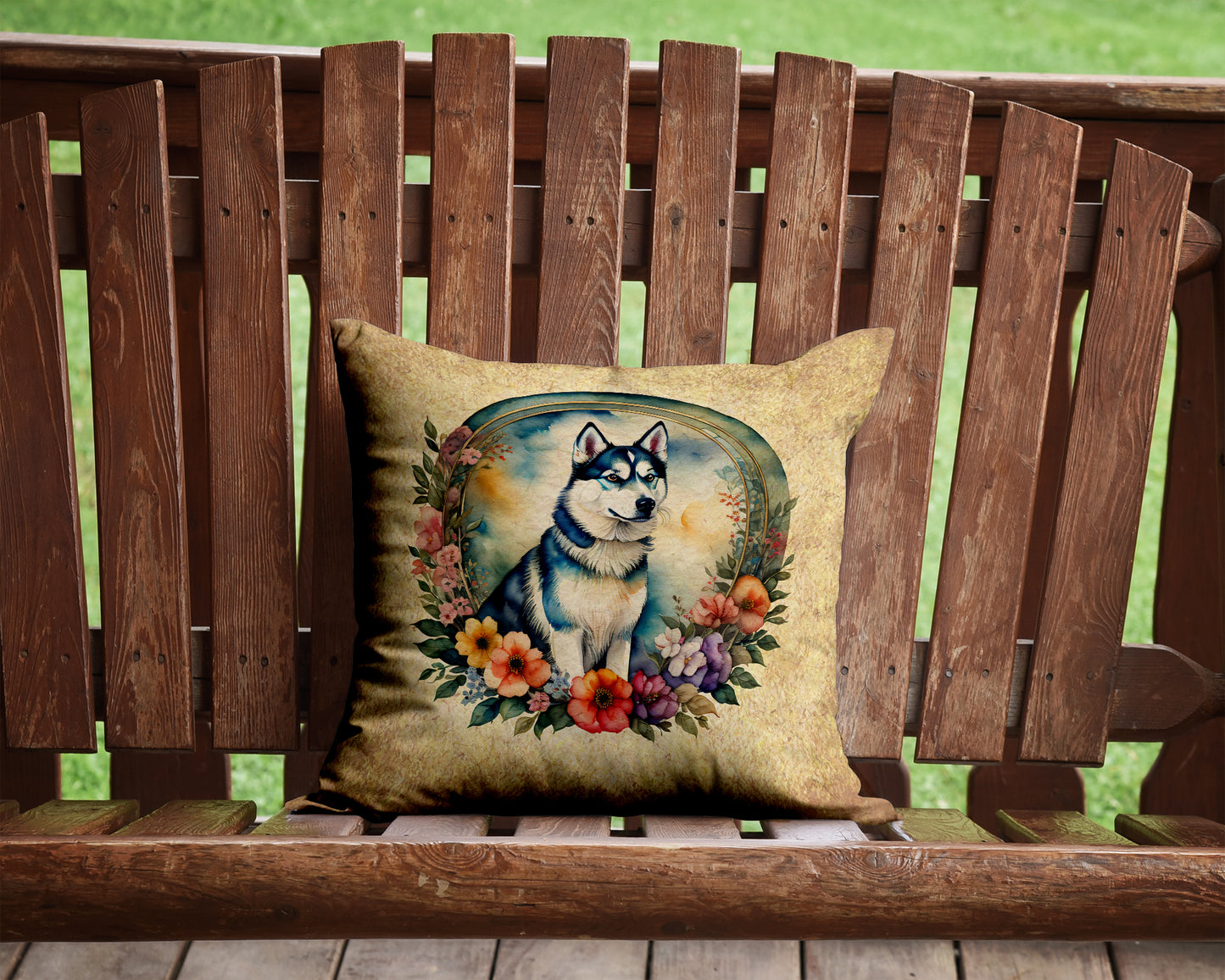 Siberian Husky and Flowers Throw Pillow