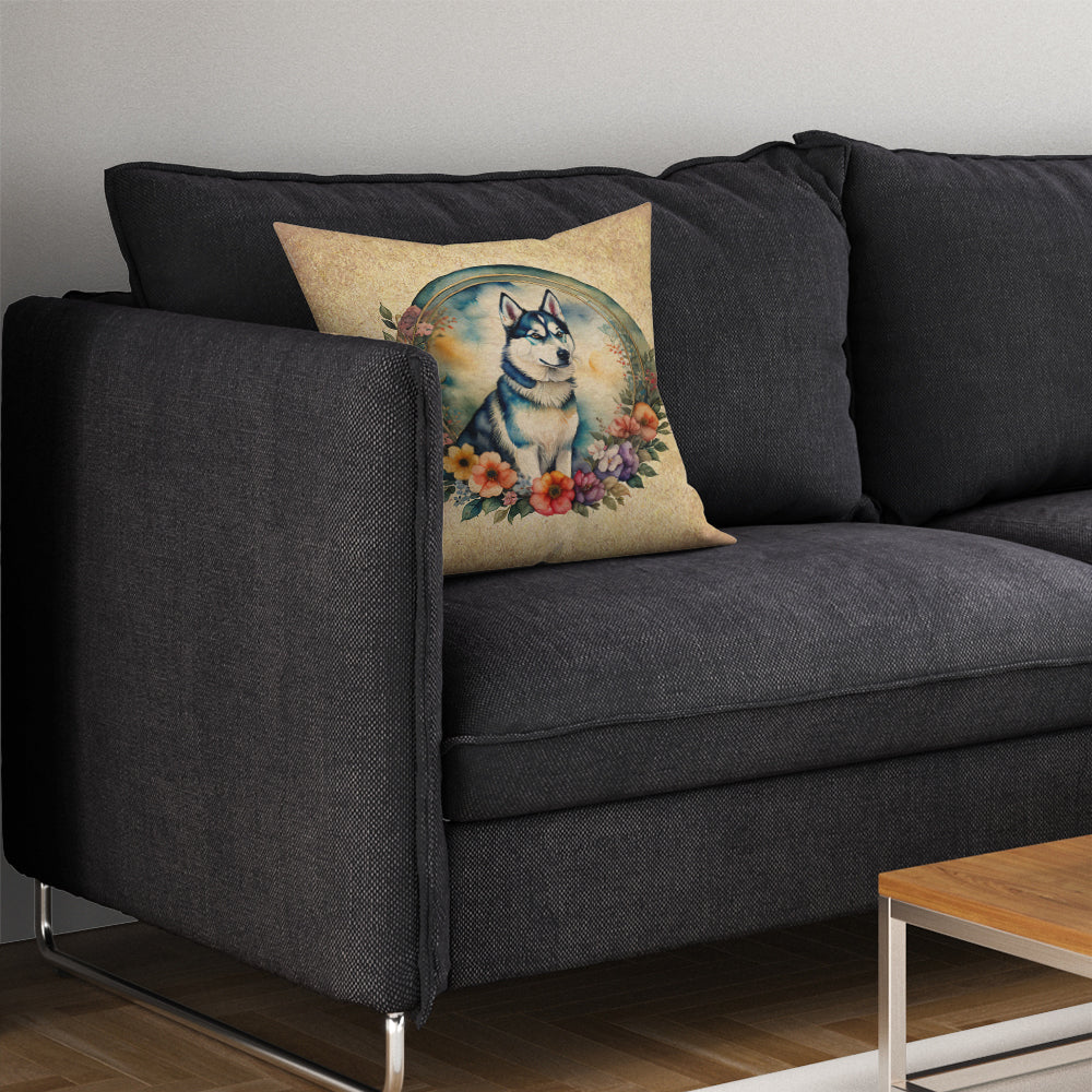 Siberian Husky and Flowers Throw Pillow