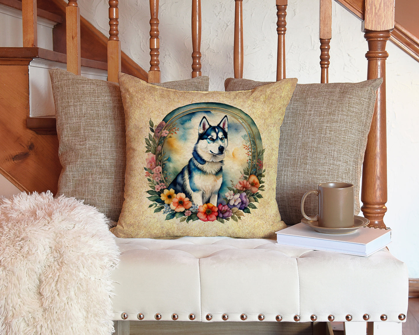 Siberian Husky and Flowers Throw Pillow