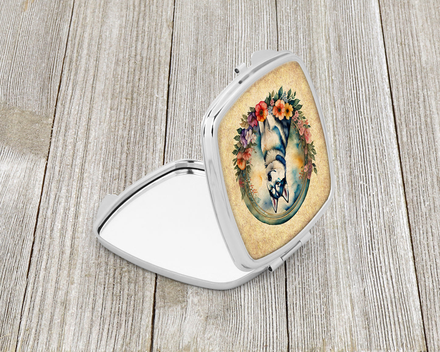 Siberian Husky and Flowers Compact Mirror