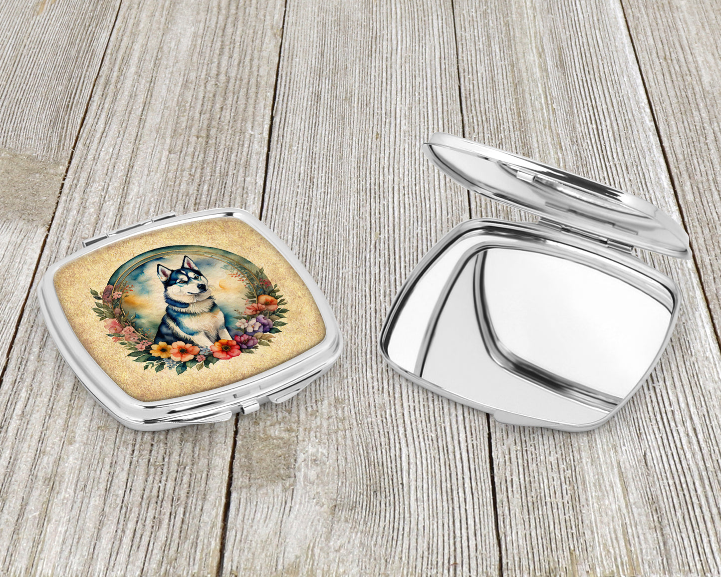 Siberian Husky and Flowers Compact Mirror