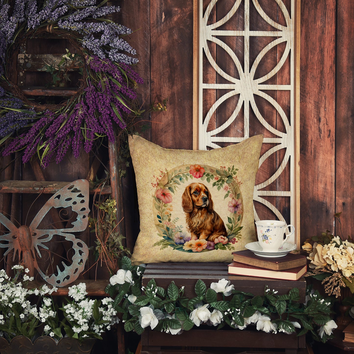 Sussex Spaniel and Flowers Throw Pillow