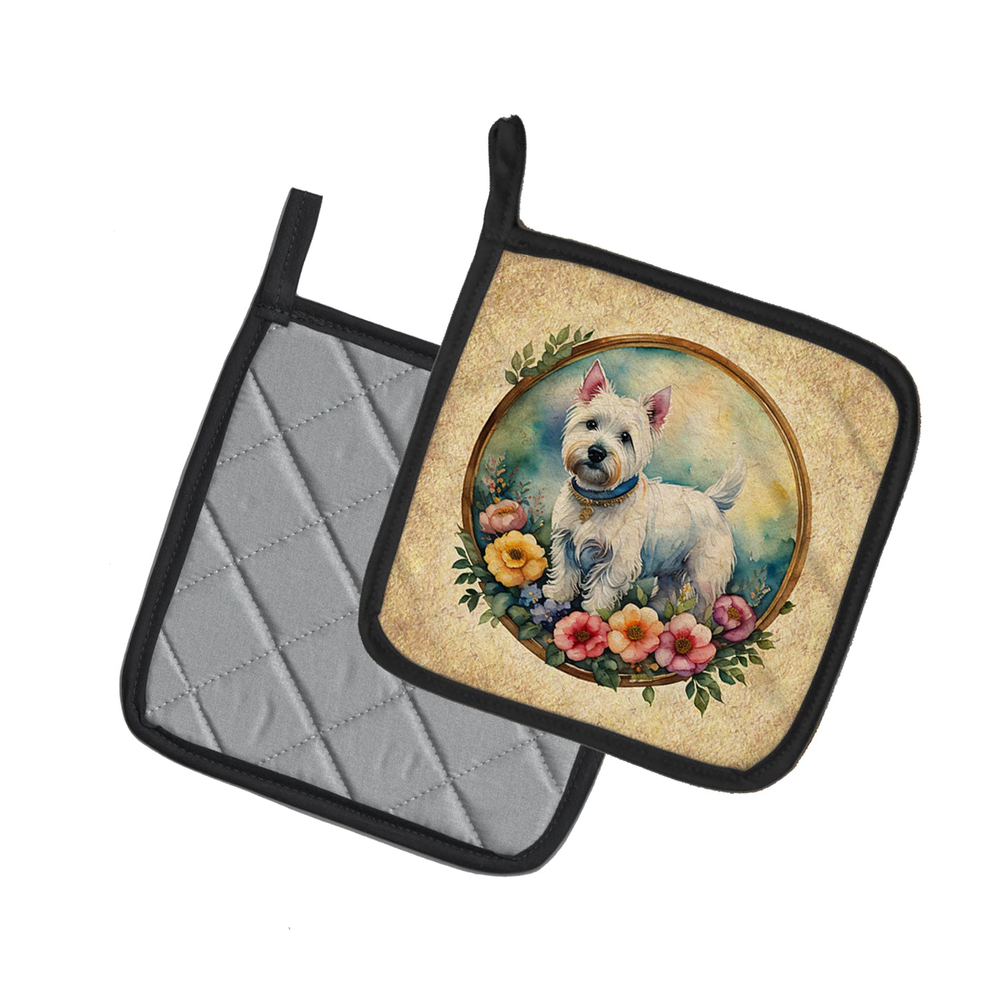Westie and Flowers Pair of Pot Holders