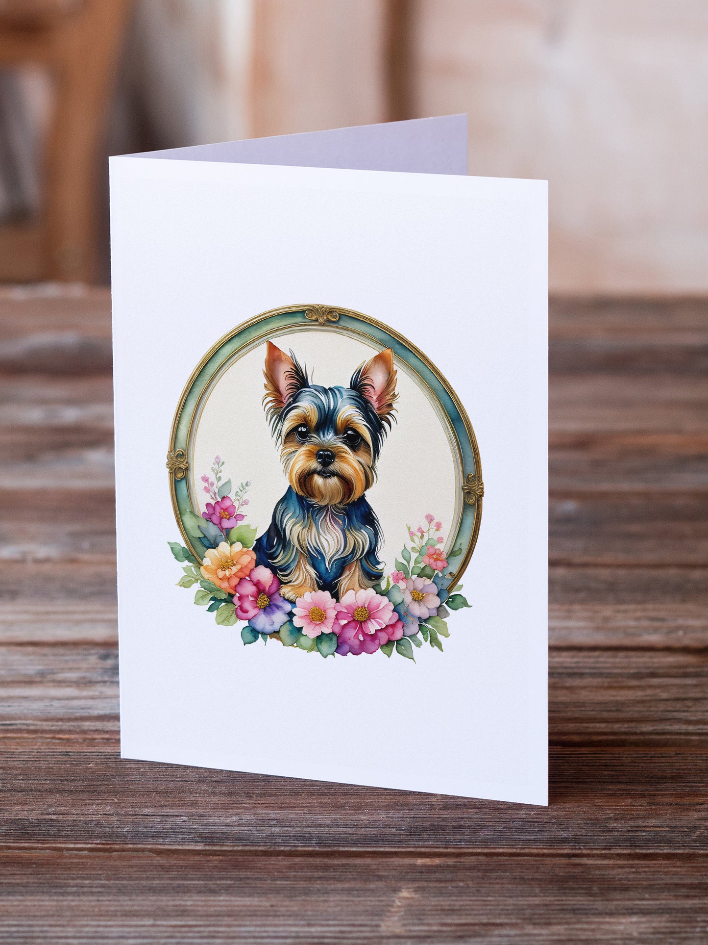 Yorkshire Terrier and Flowers Greeting Cards Pack of 8