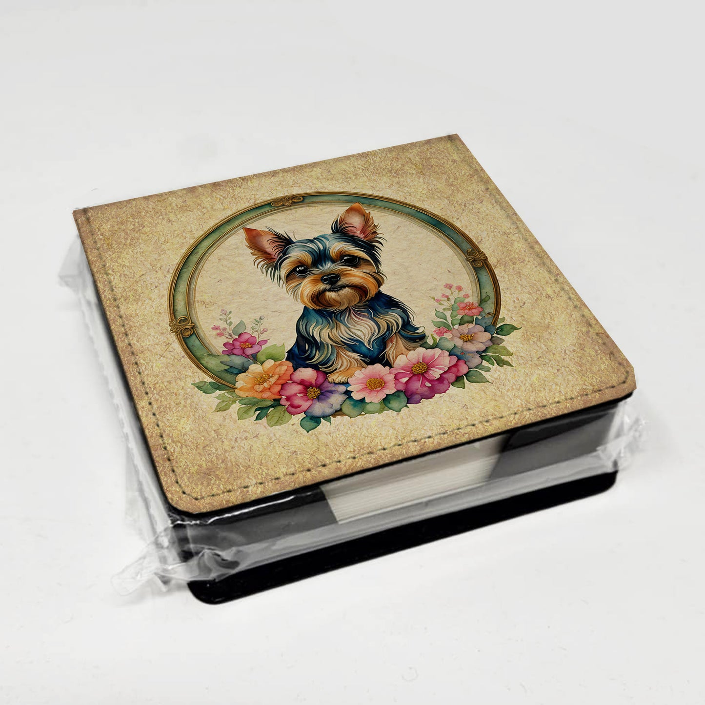 Yorkshire Terrier and Flowers PU Leather Note Paper Holder