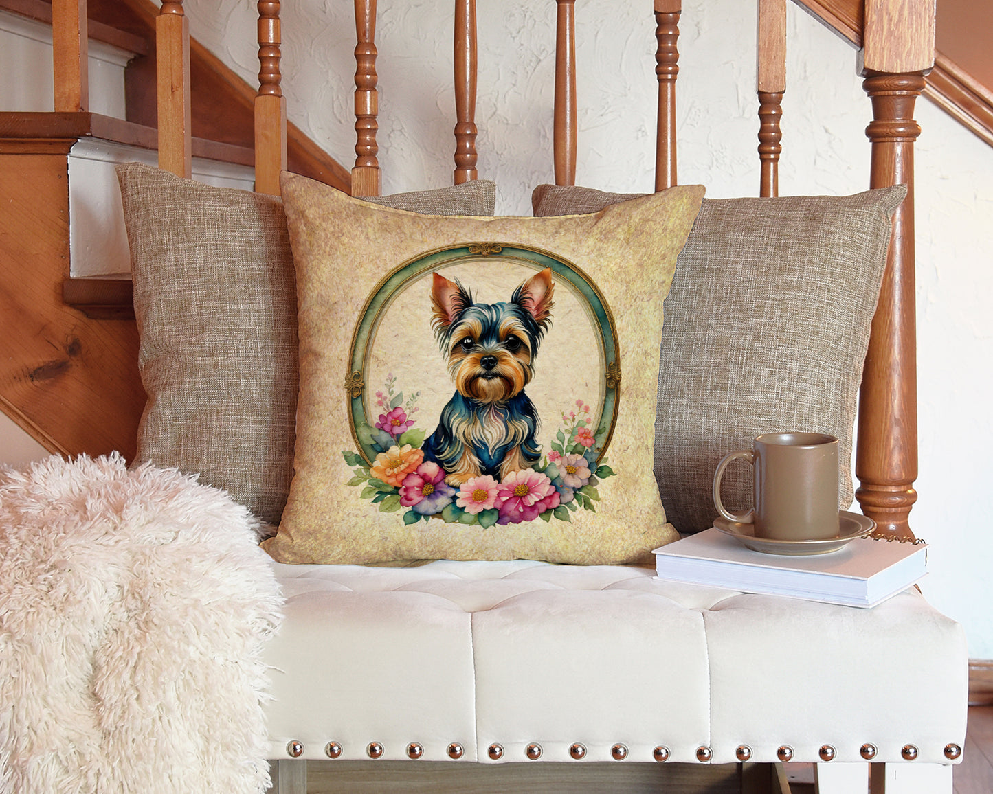 Yorkshire Terrier and Flowers Throw Pillow