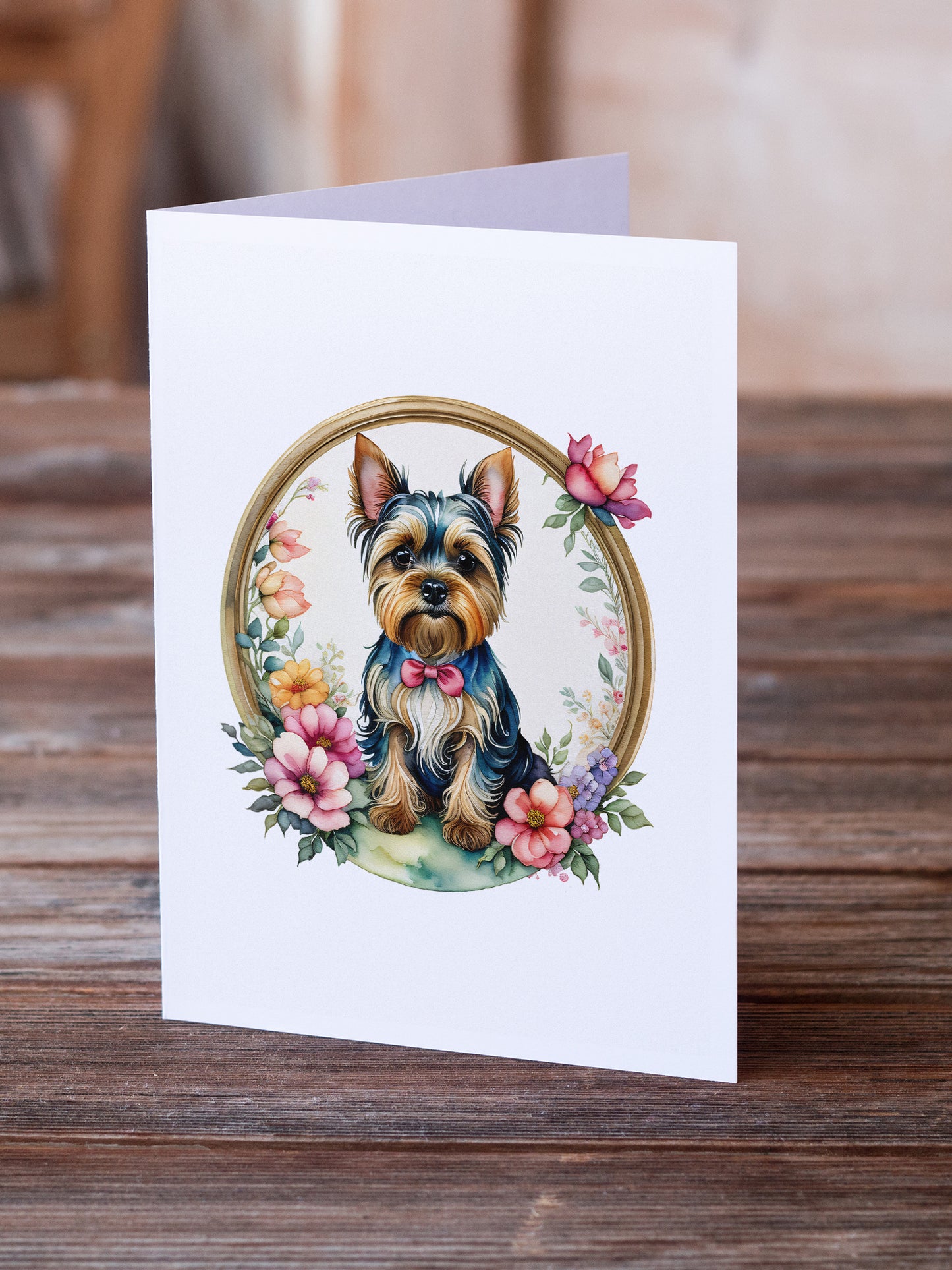 Yorkshire Terrier and Flowers Greeting Cards Pack of 8