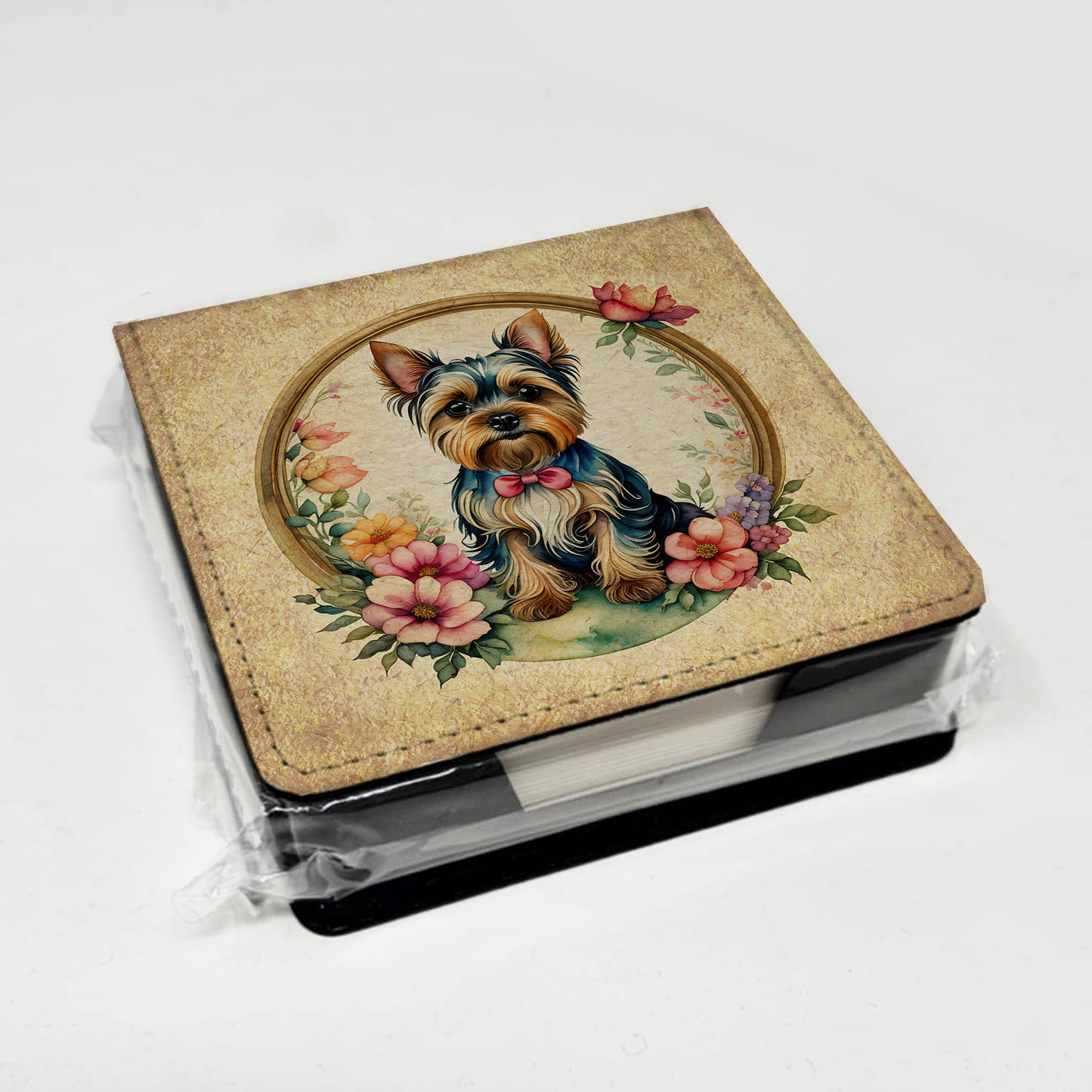 Yorkshire Terrier and Flowers PU Leather Note Paper Holder