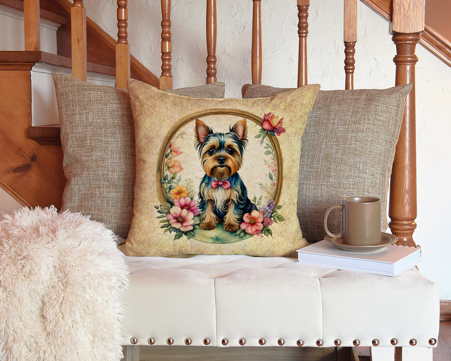 Yorkshire Terrier and Flowers Throw Pillow