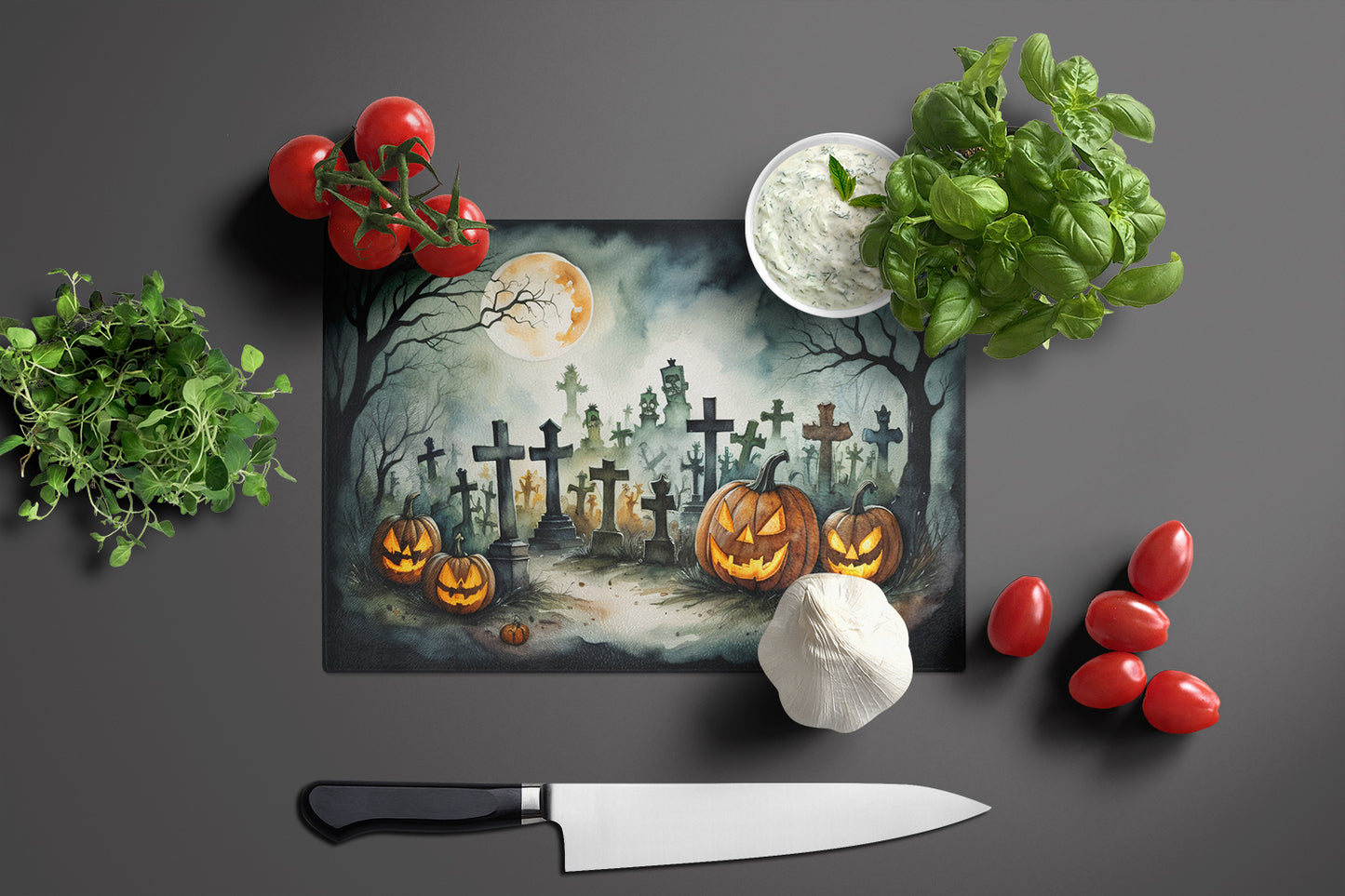 Graveyard Spooky Halloween Glass Cutting Board