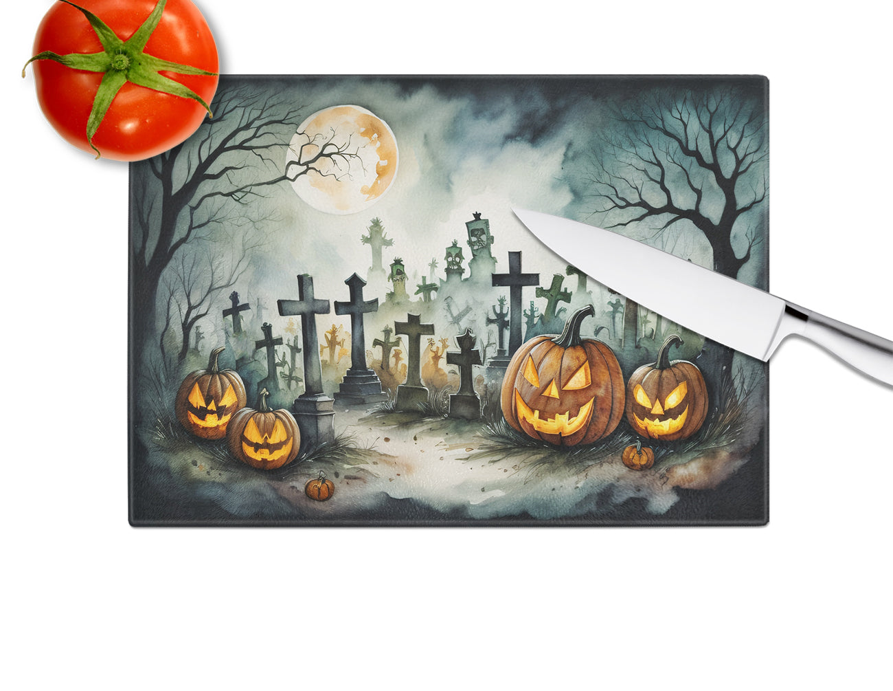 Graveyard Spooky Halloween Glass Cutting Board