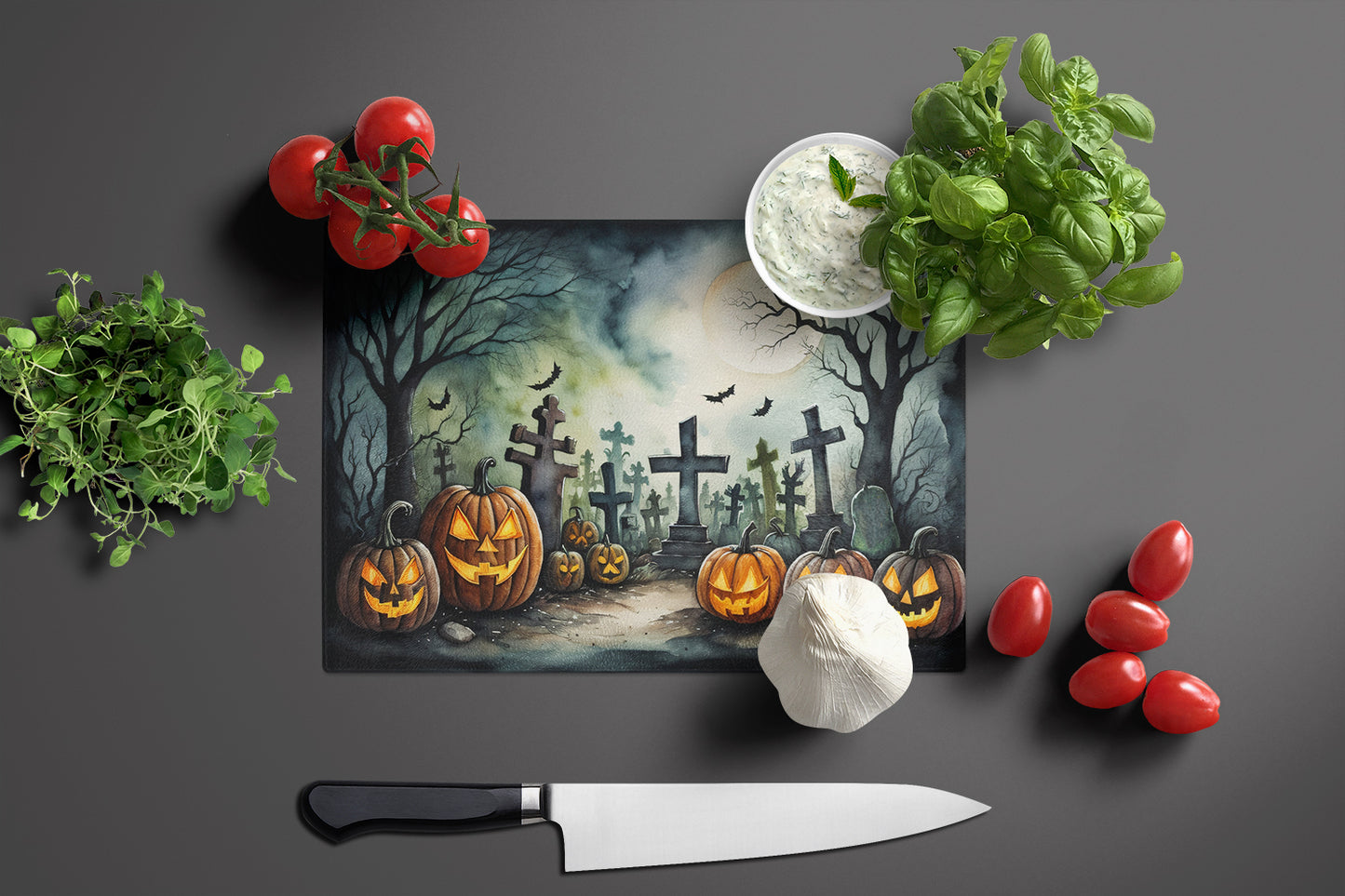 Graveyard Spooky Halloween Glass Cutting Board