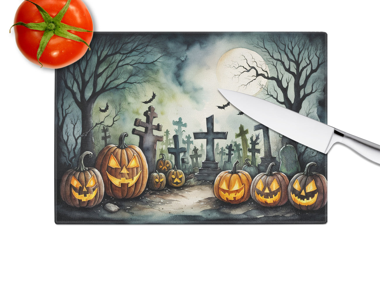 Graveyard Spooky Halloween Glass Cutting Board