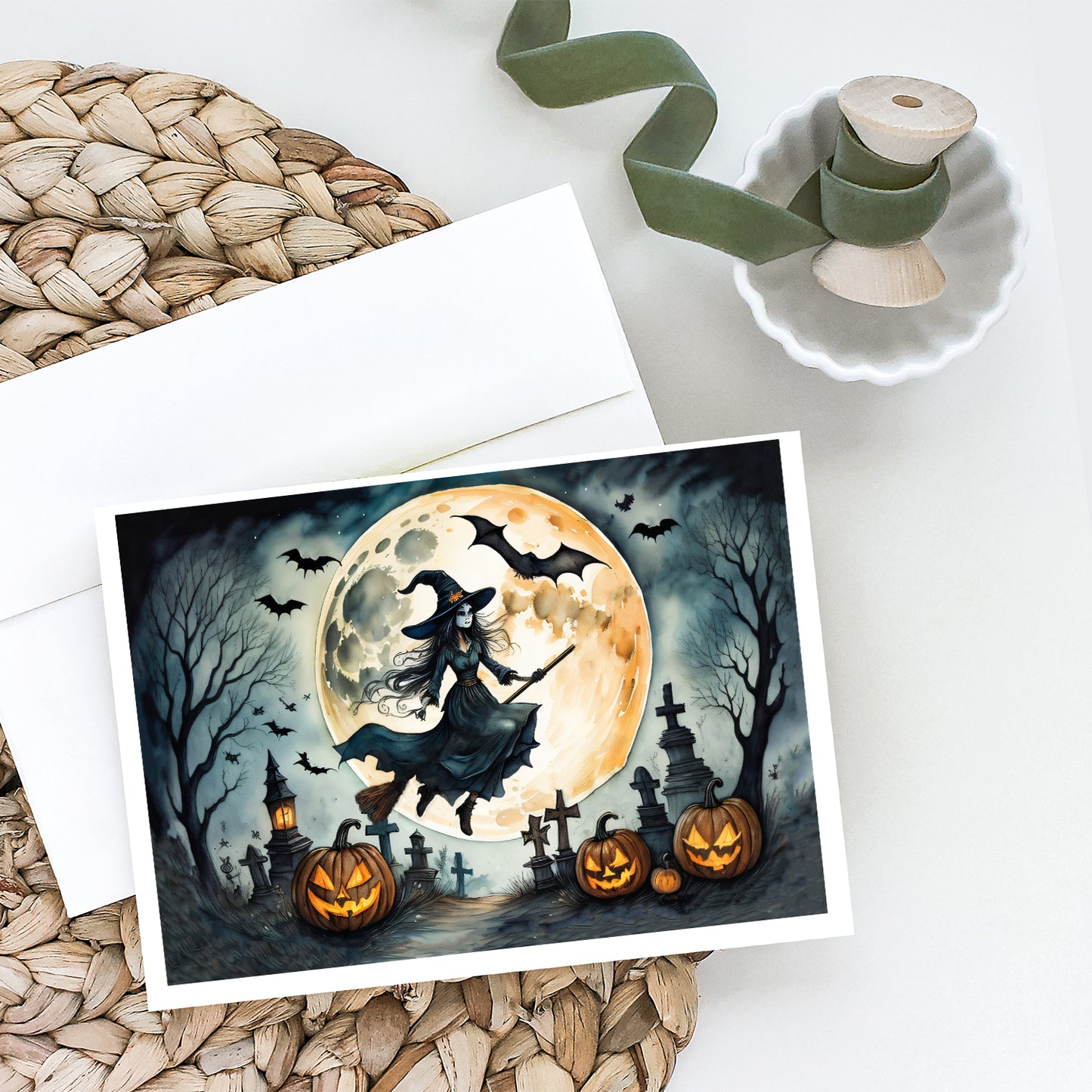 Flying Witch Spooky Halloween Greeting Cards Pack of 8