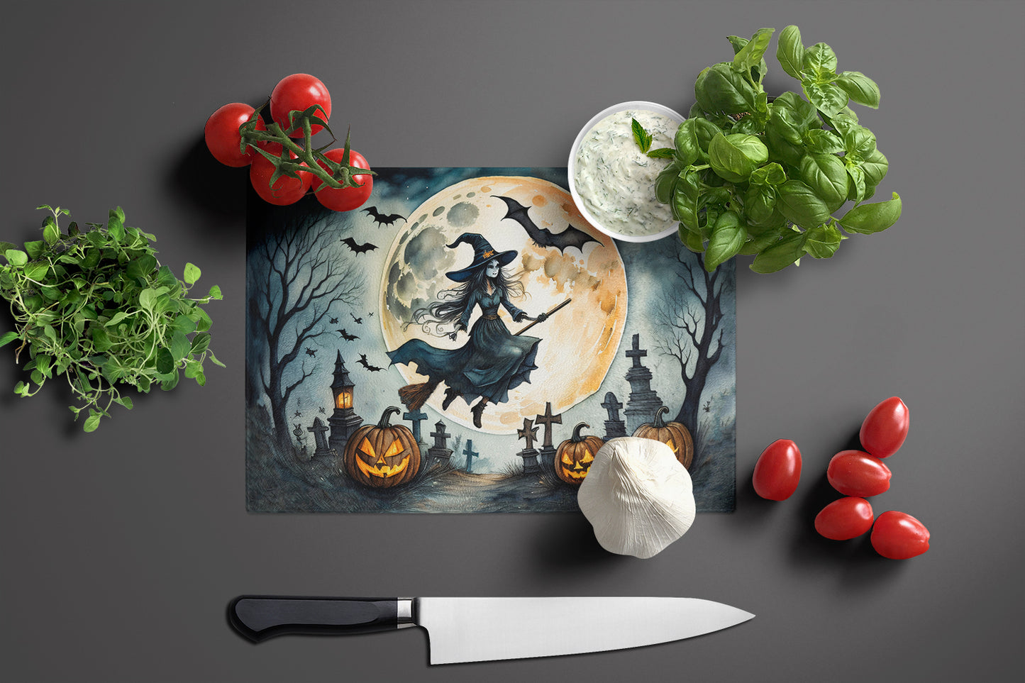 Flying Witch Spooky Halloween Glass Cutting Board