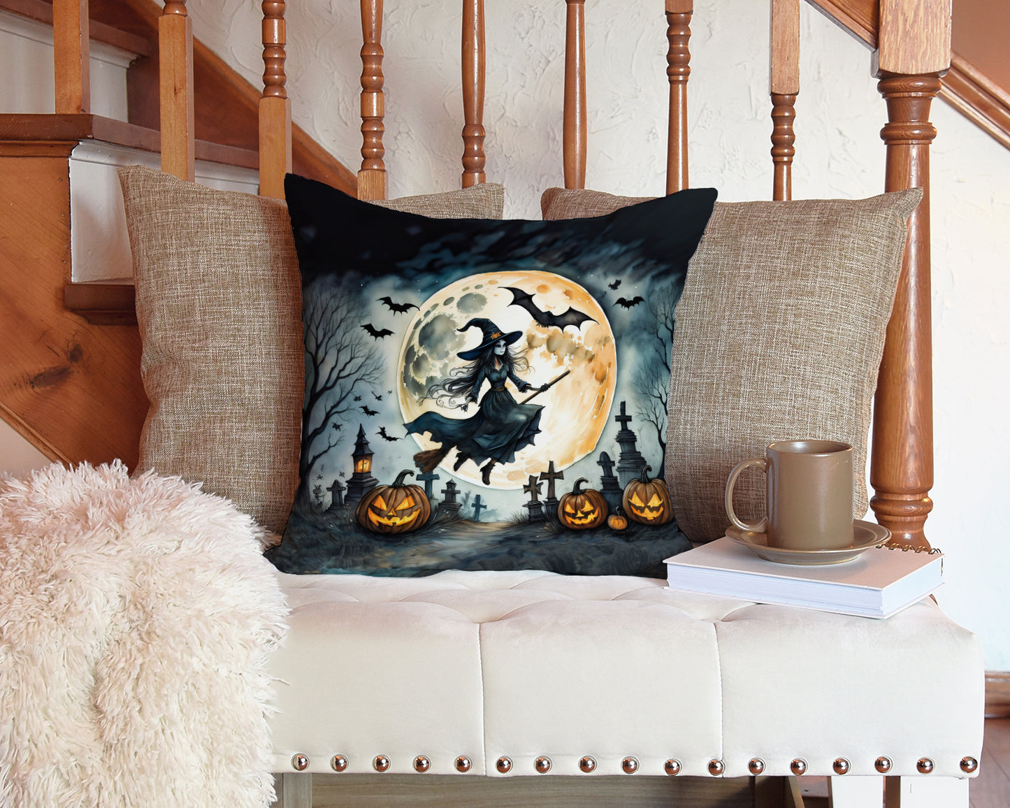 Flying Witch Spooky Halloween Throw Pillow