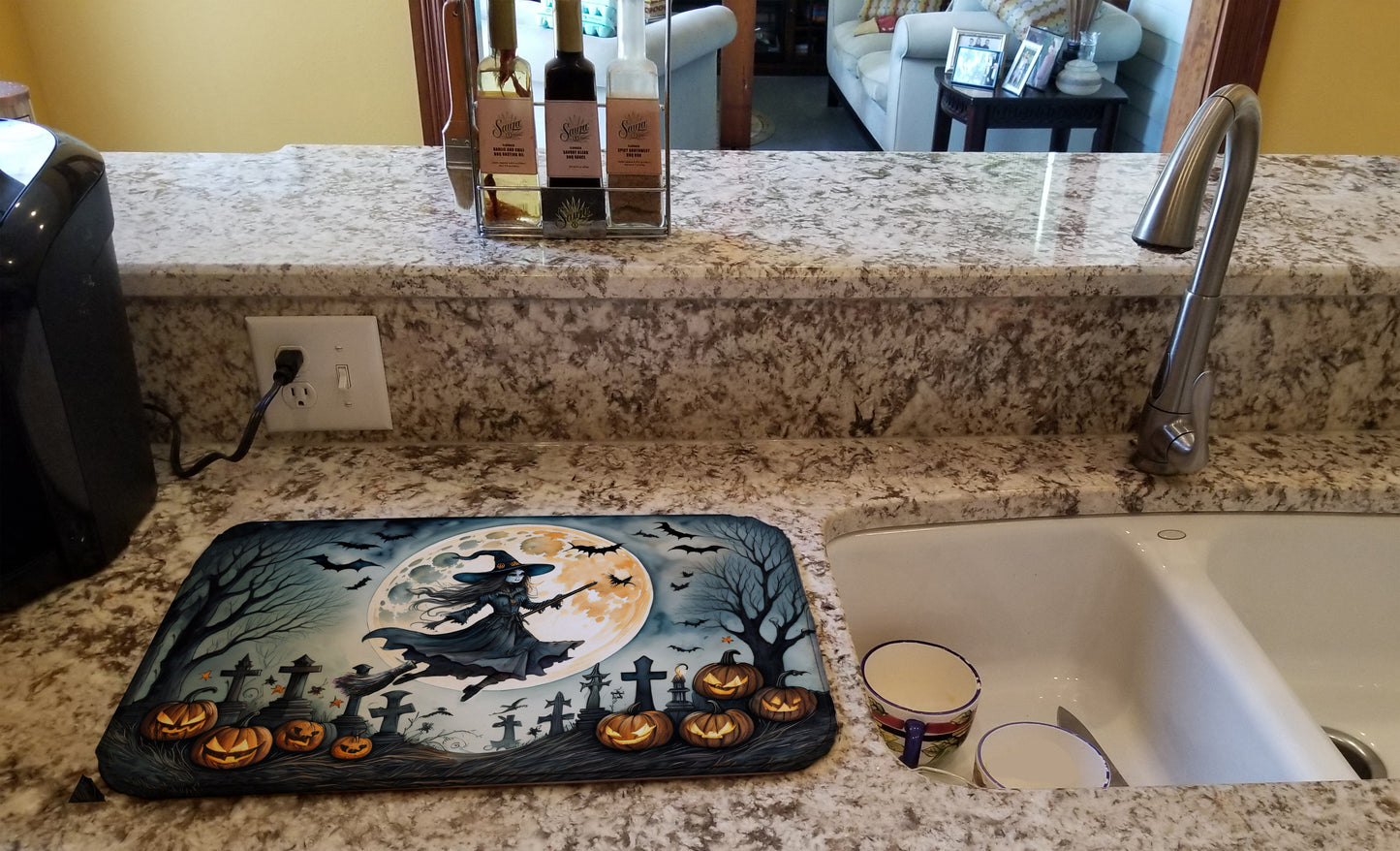 Flying Witch Spooky Halloween Dish Drying Mat