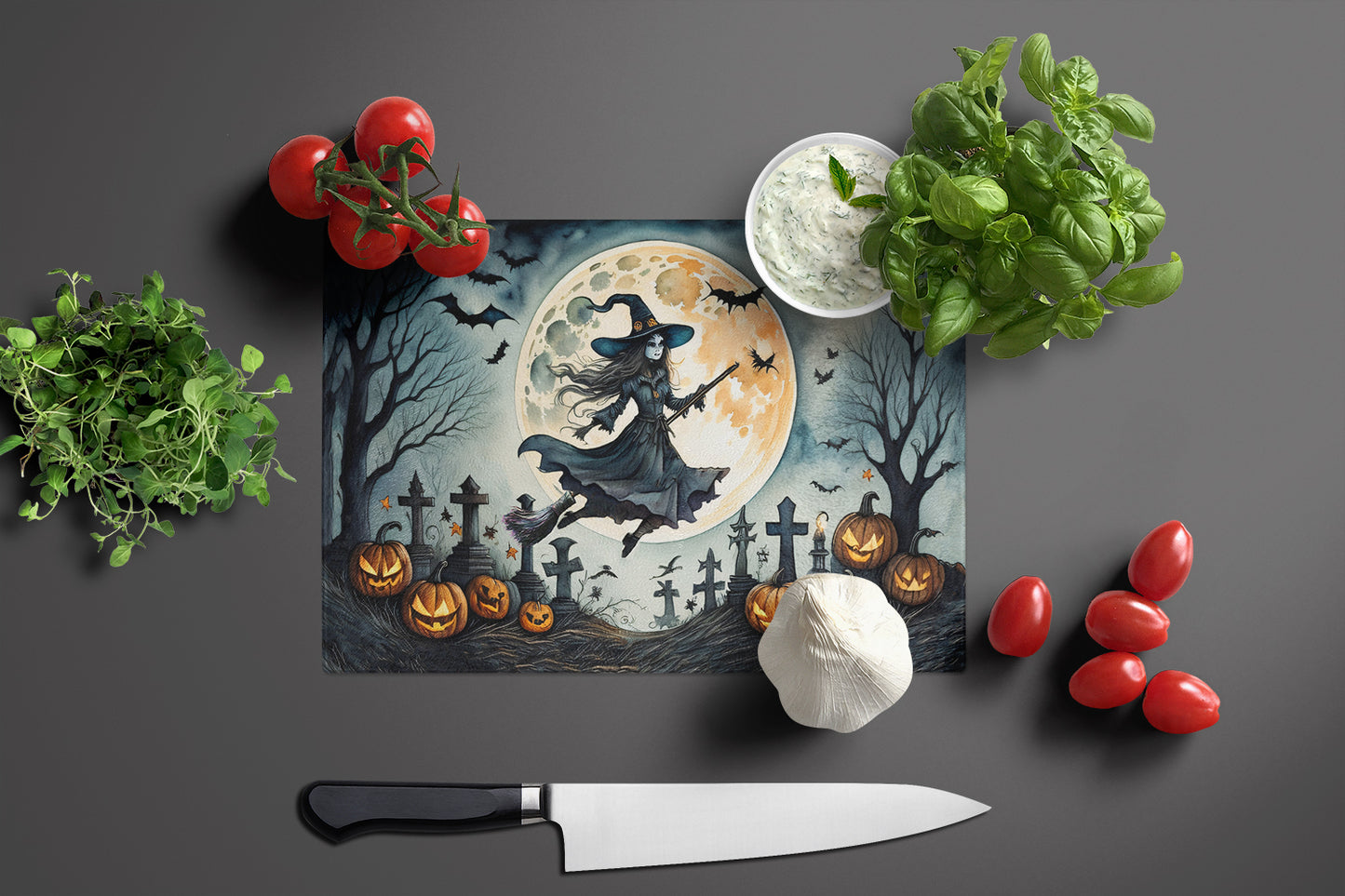 Flying Witch Spooky Halloween Glass Cutting Board