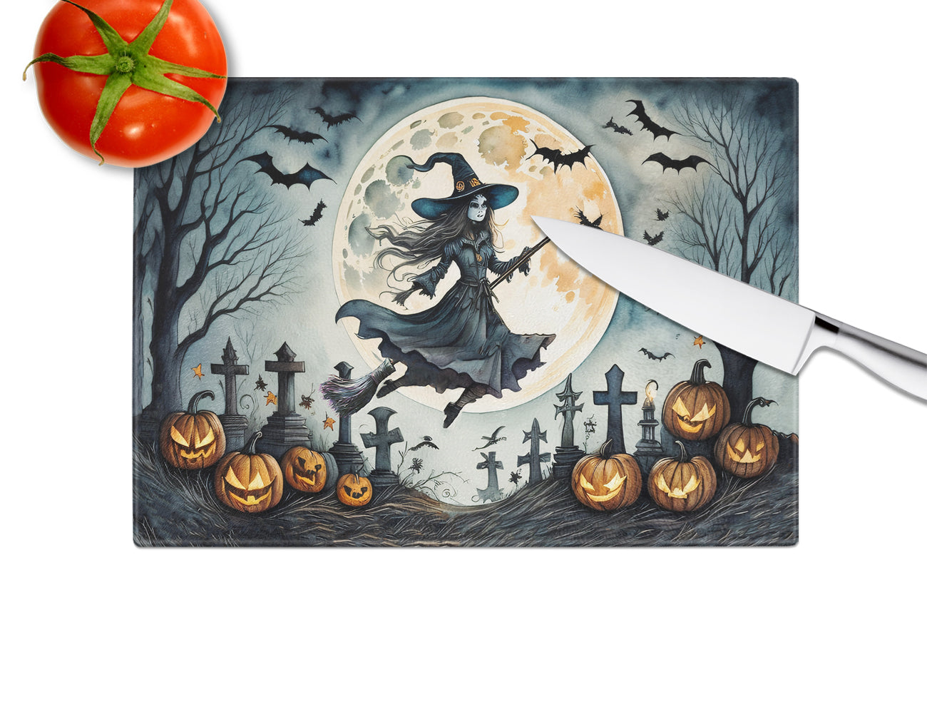 Flying Witch Spooky Halloween Glass Cutting Board