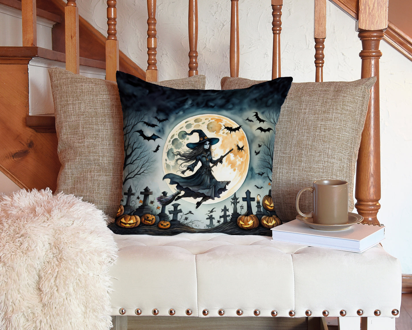 Flying Witch Spooky Halloween Throw Pillow