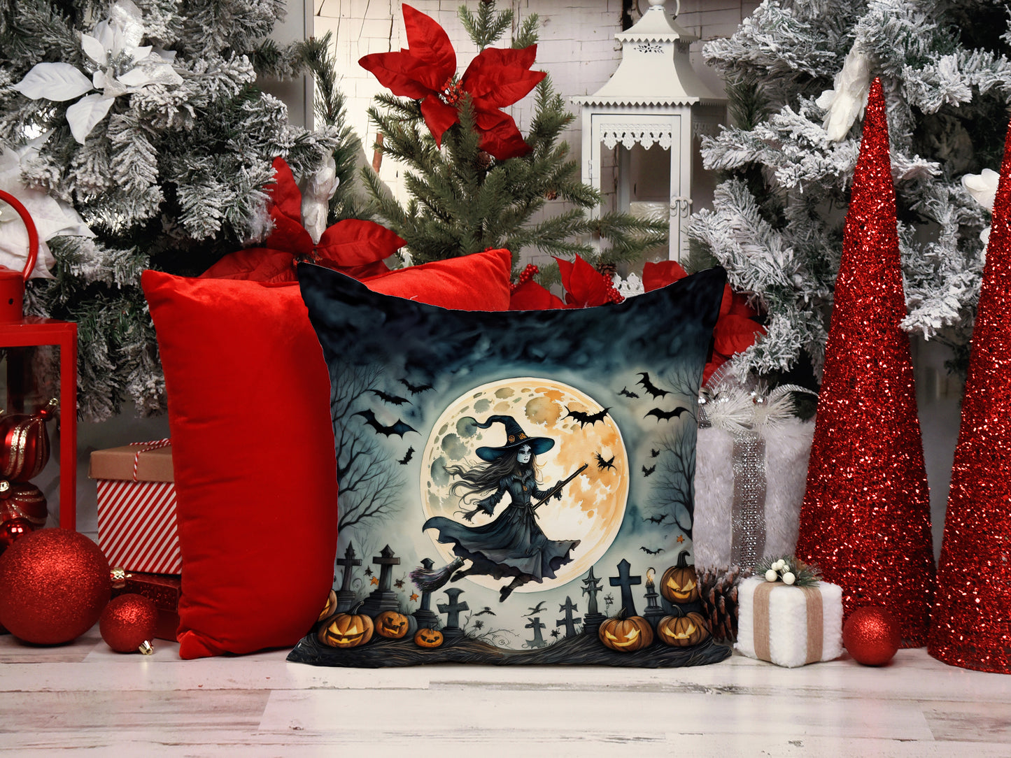 Flying Witch Spooky Halloween Throw Pillow