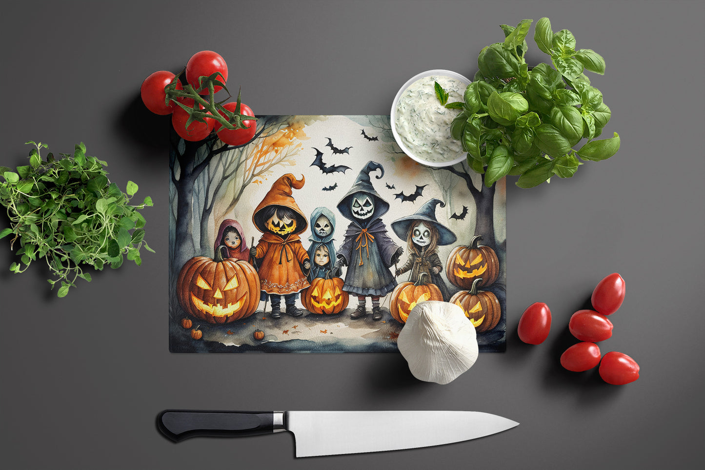 Trick or Treaters Spooky Halloween Glass Cutting Board