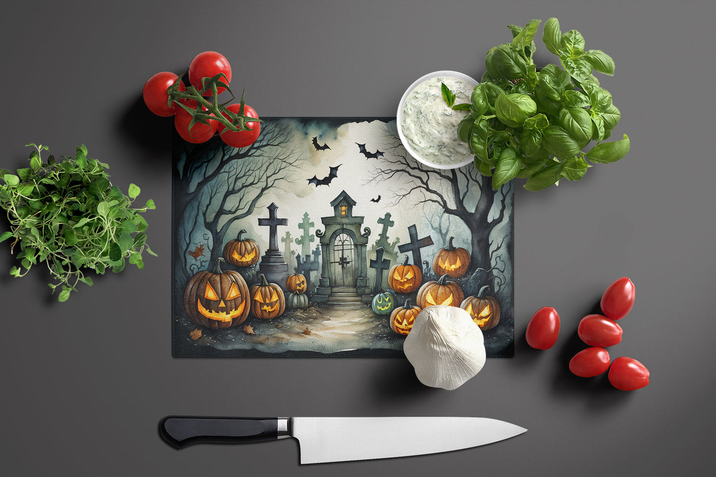 Graveyard Spooky Halloween Glass Cutting Board