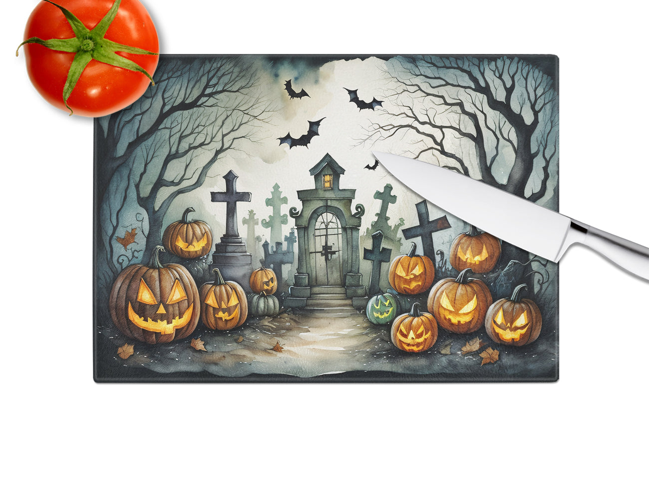 Graveyard Spooky Halloween Glass Cutting Board