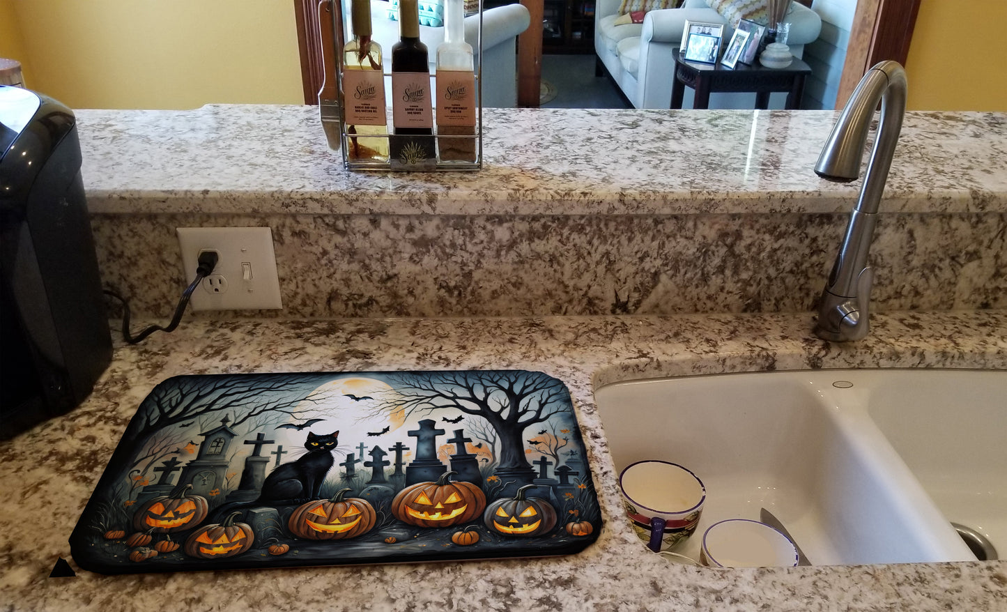 Black Cat Spooky Halloween Dish Drying Mat