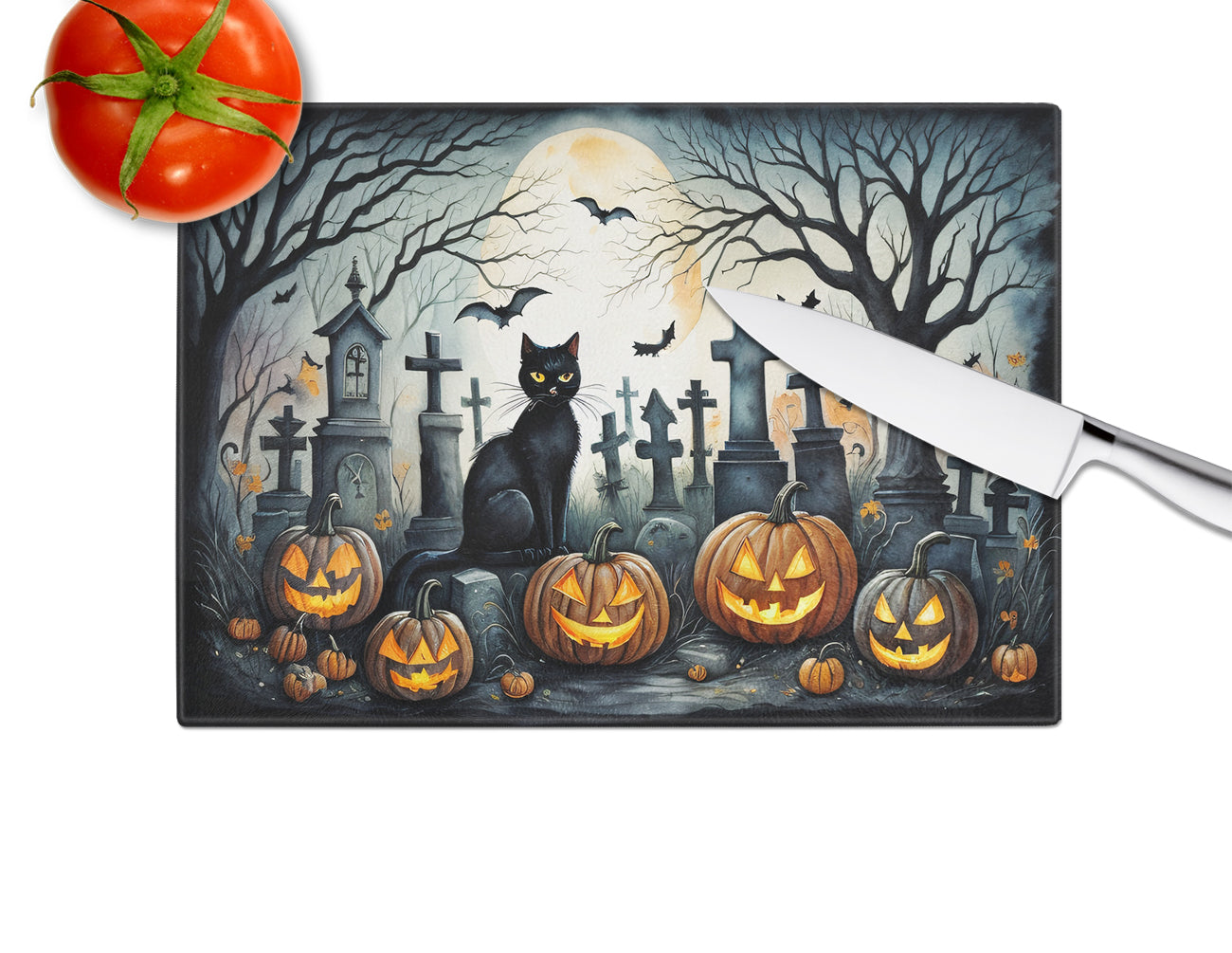 Black Cat Spooky Halloween Glass Cutting Board