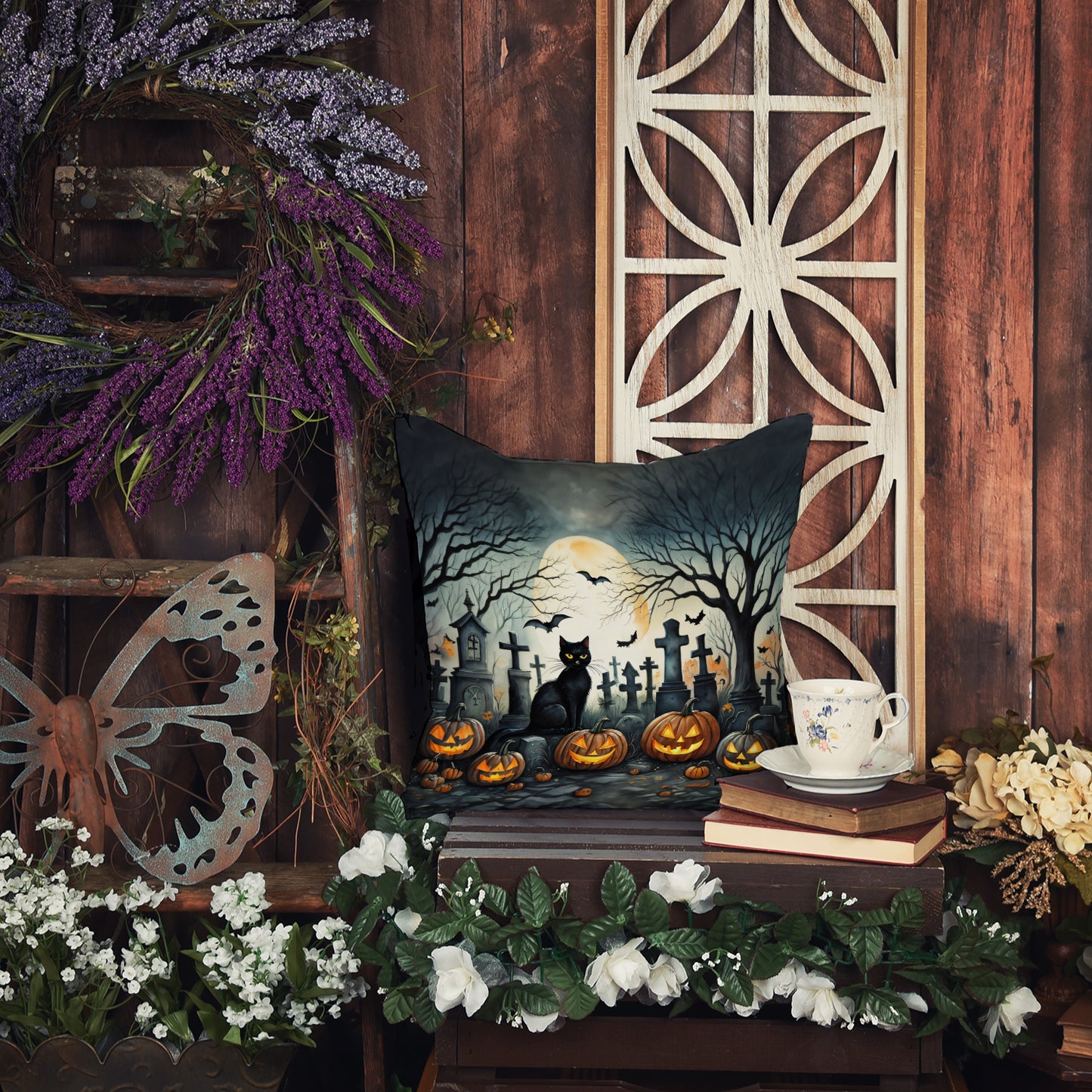 Black Cat Spooky Halloween Throw Pillow
