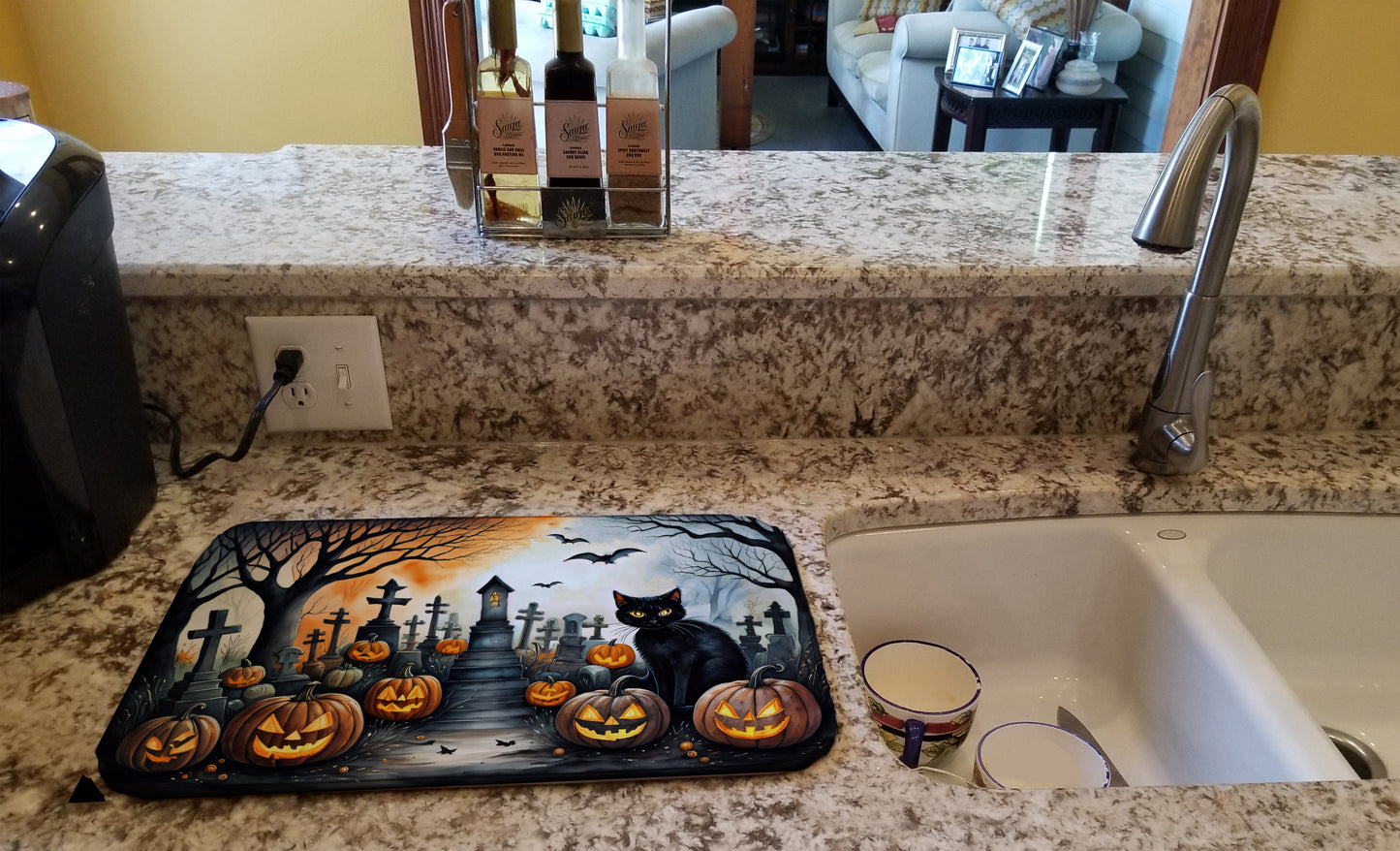 Black Cat Spooky Halloween Dish Drying Mat