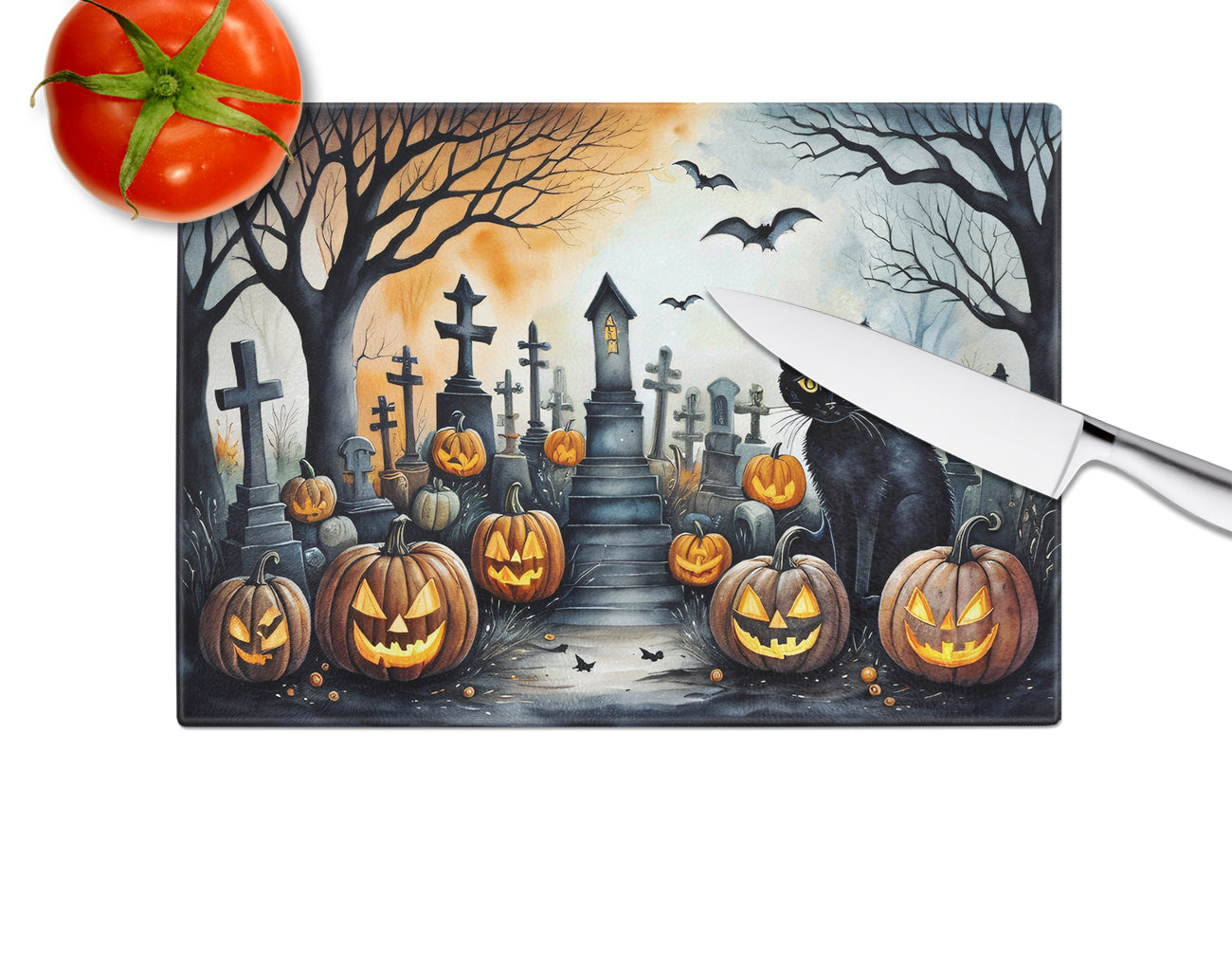 Black Cat Spooky Halloween Glass Cutting Board