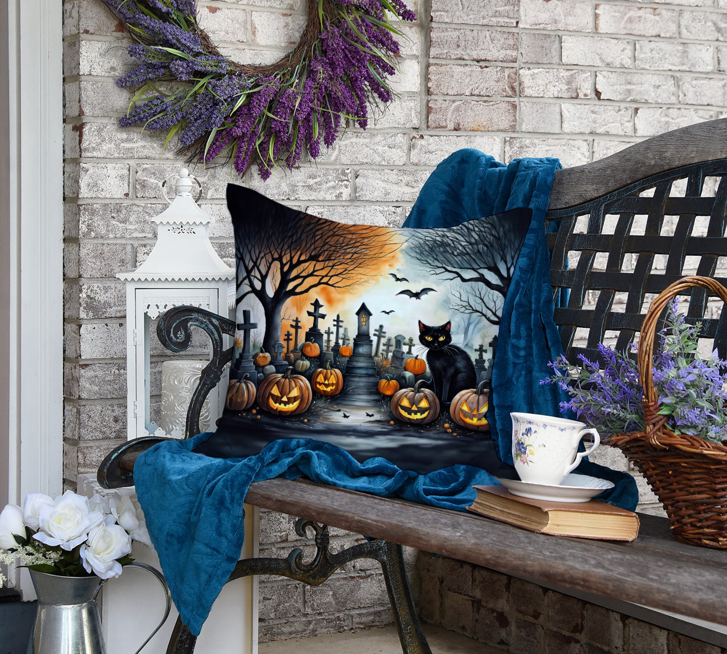 Black Cat Spooky Halloween Throw Pillow