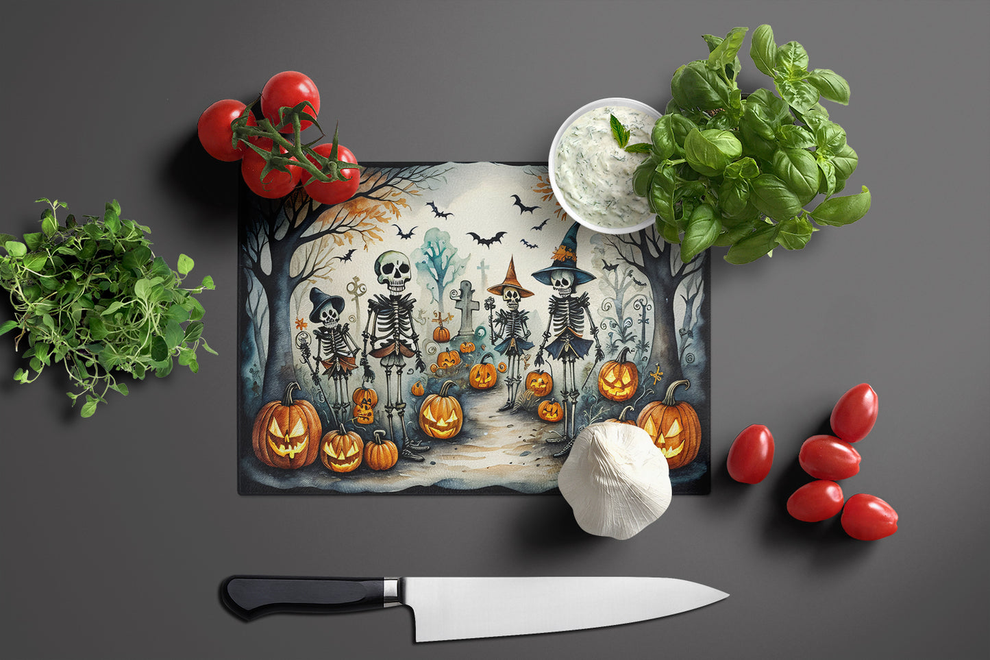 Calacas Skeletons Spooky Halloween Glass Cutting Board