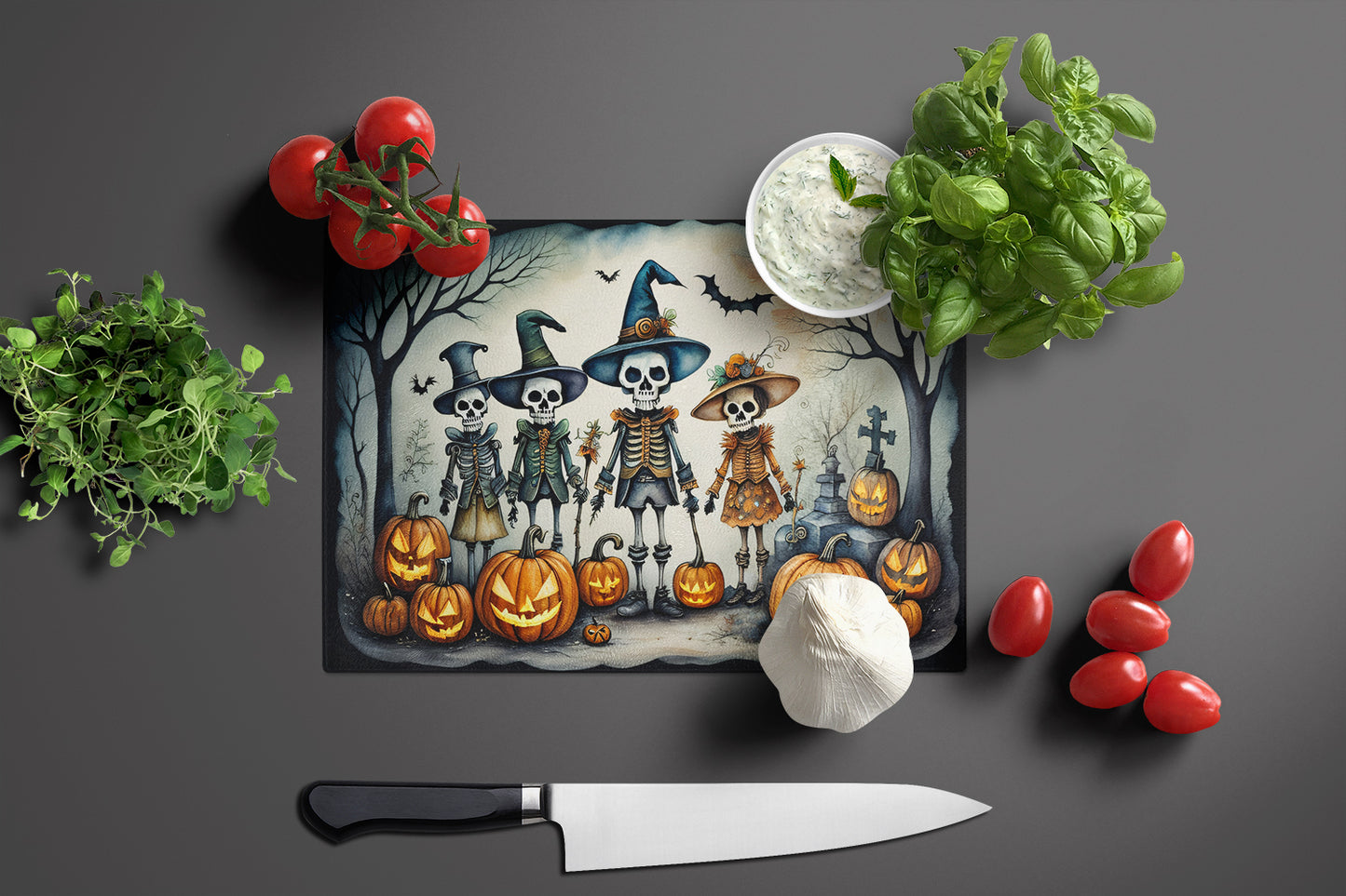 Calacas Skeletons Spooky Halloween Glass Cutting Board